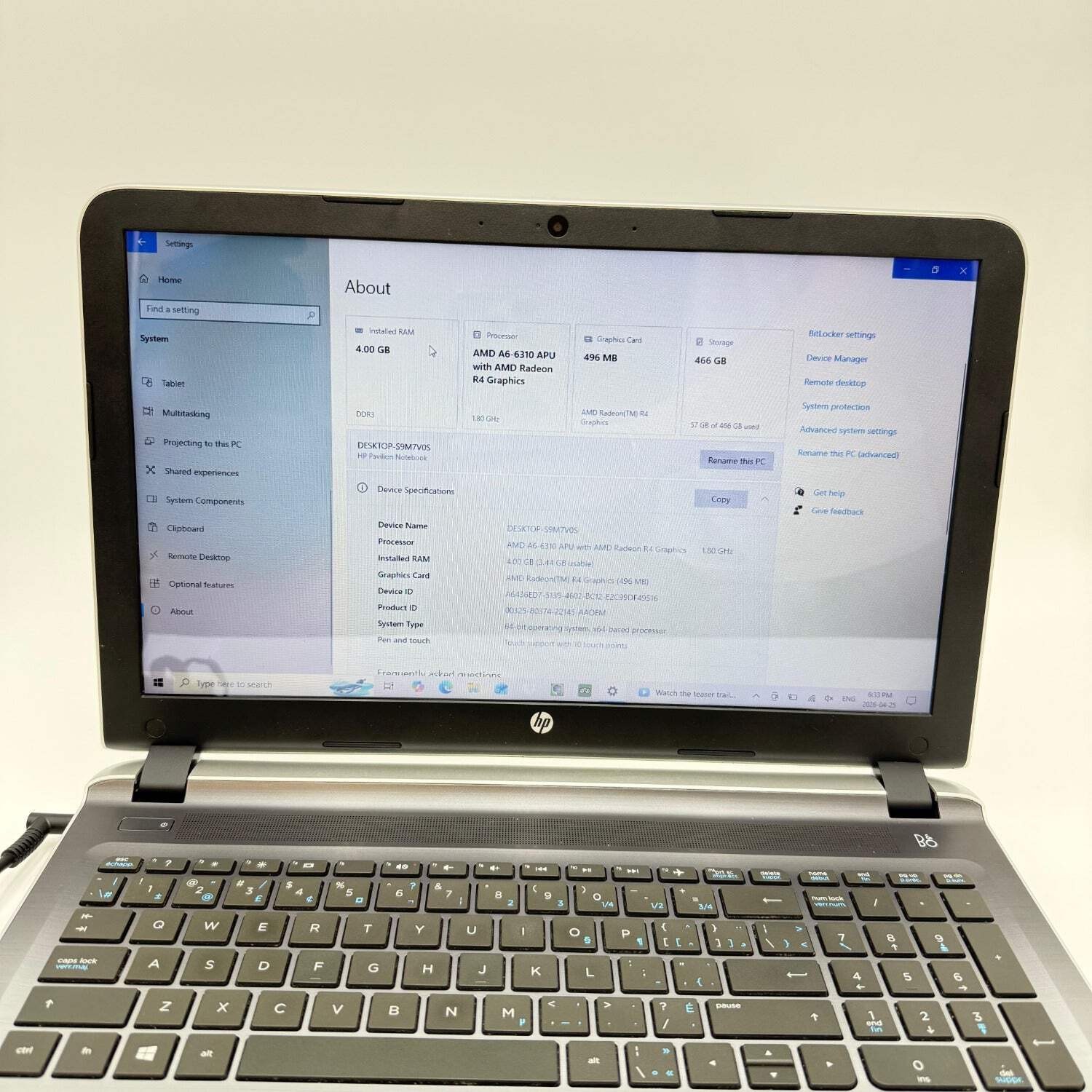 HP Pavilion 15-AB120CA 15.6″ AMD A6-6310 APU 1.8GHz 4GB RAM 512GB HDD