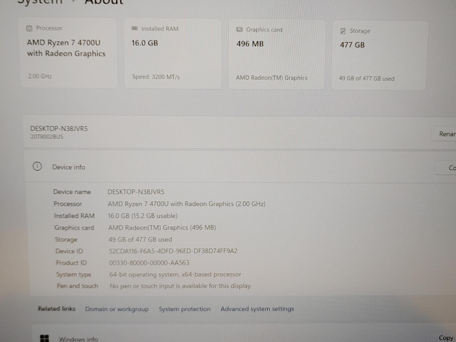 Lenovo ThinkPad E15 Gen 2 15.6″ AMD Ryzen 7 4700U 16GB 512GB Win11Pro *NO A/C**