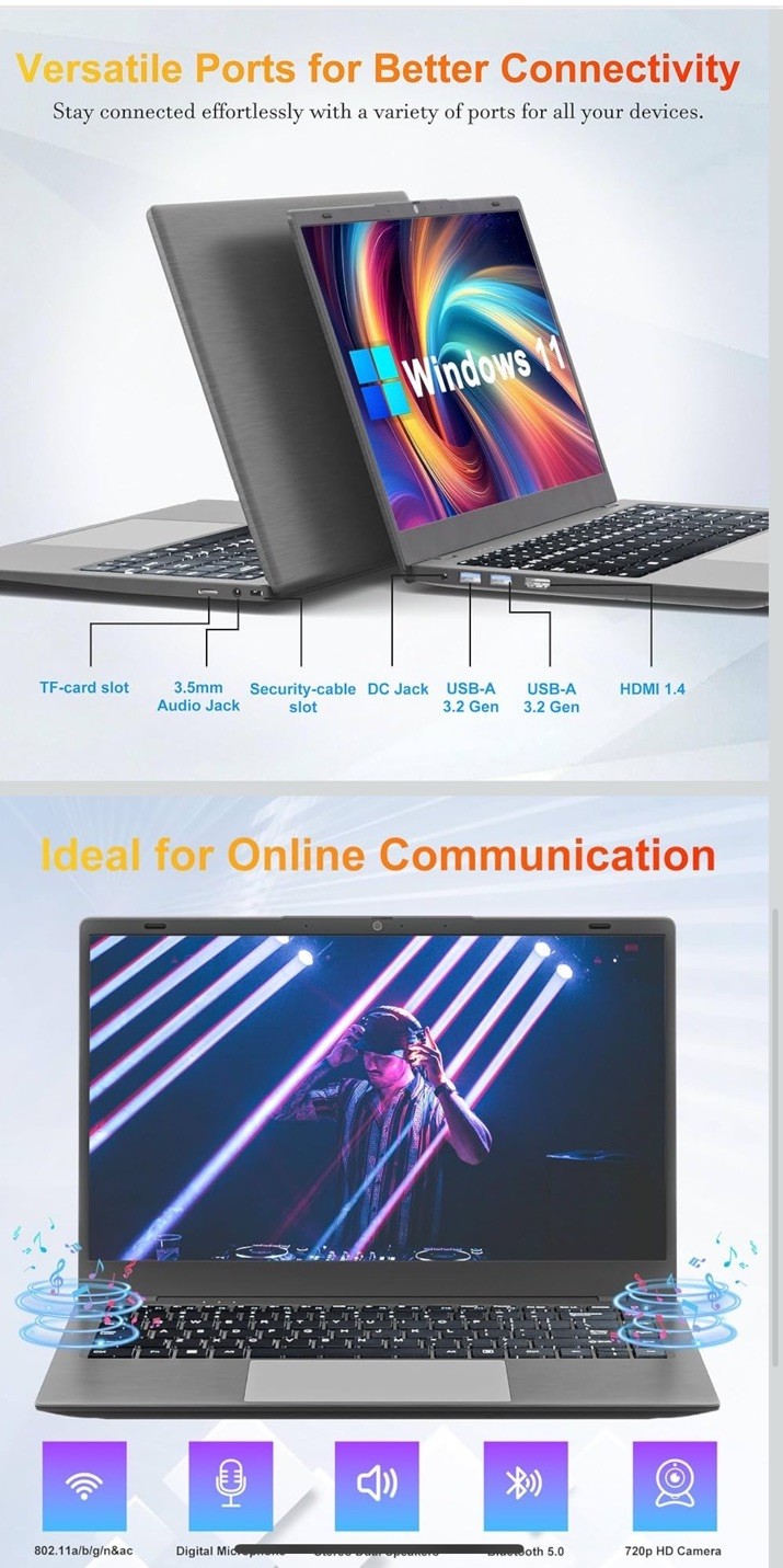 2025 New Portable Laptop,Student and Business,14″ FHD IPS Display,N5095 Proce…