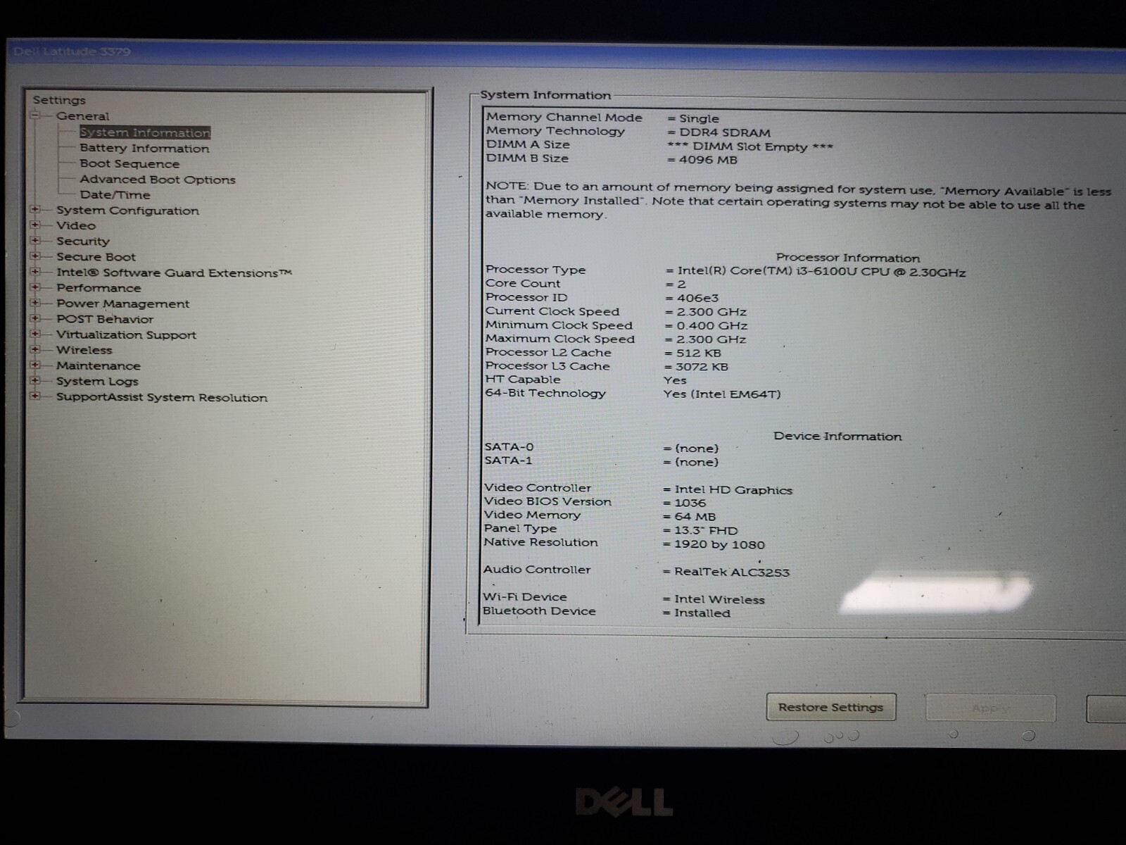 Dell Latitude 3379 Core i3 6100U 2.3GHz 4GB RAM. sell for part.