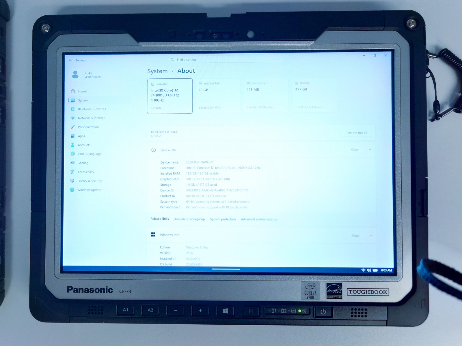 Panasonic Toughbook CF33 Core i7 10th 1.1GHz 16GB RAM 512GB Win 11 Pro Touch 0HR