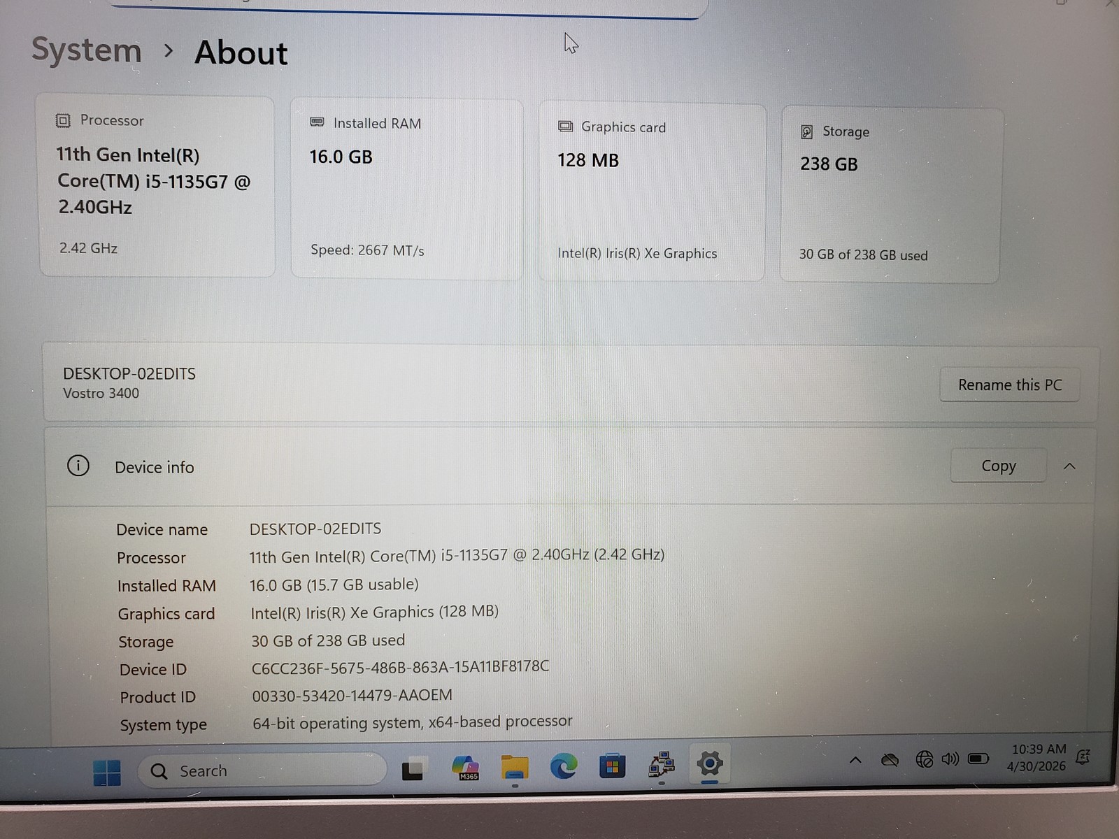 Dell Vostro 3400 Laptop Intel Core i5-1135G7 16GB RAM 256GB SSD 14″ Win 11 Pro.