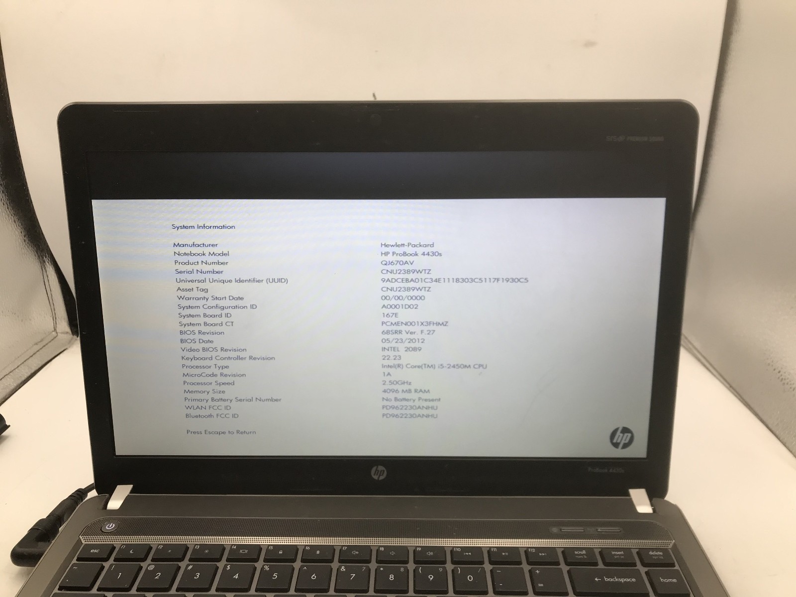 HP PROBOOK 4430s – BOOTS TO BIOS – INTEL I5 2450M – 4GB RAM -READ DESCRIPTION-BB