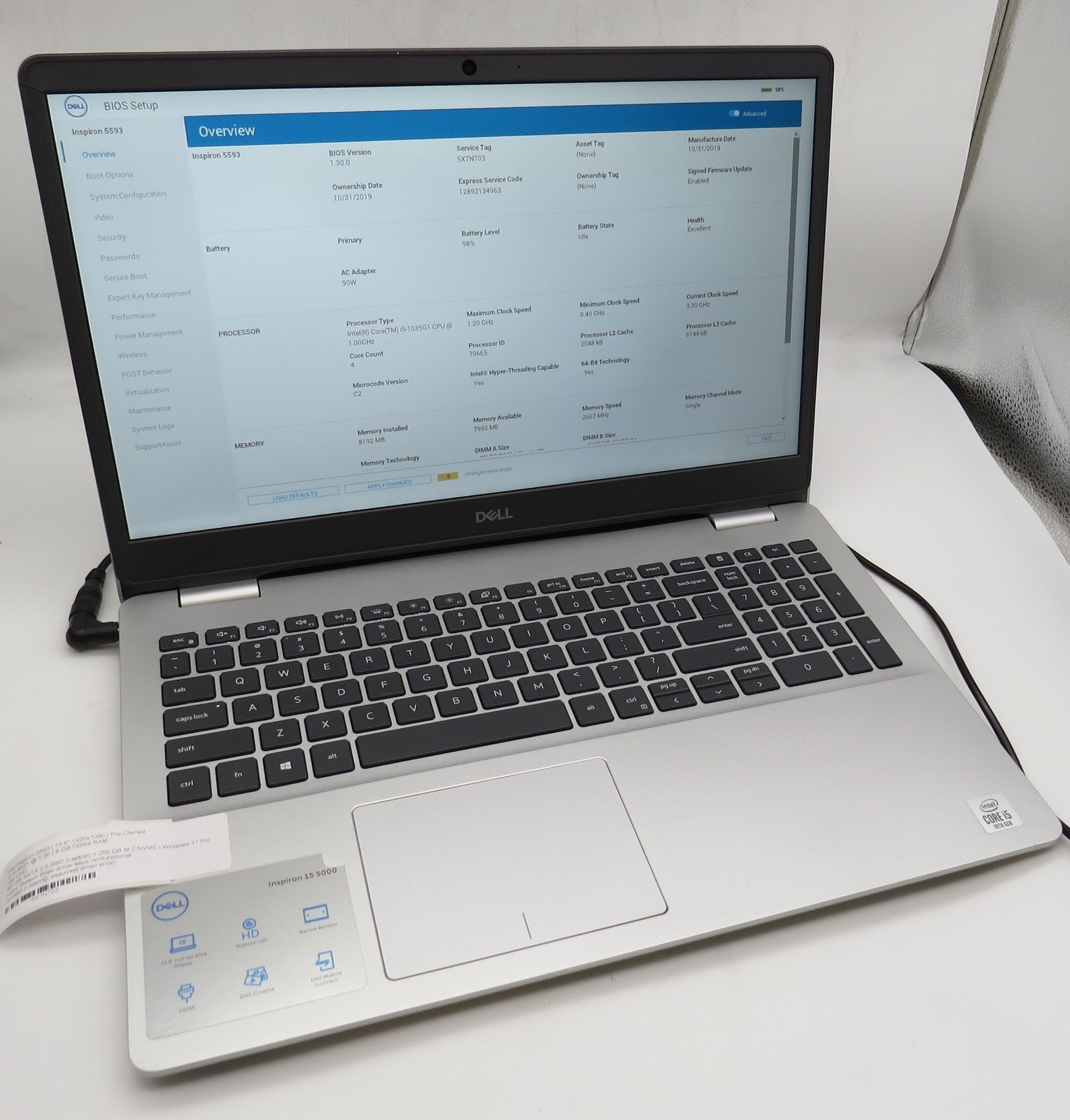 Dell Inspiron 5593-i5-1035G1@1.0GHz-8GB RAM-480GB 2.5+256GB M.2-WIN11PRO *READ*