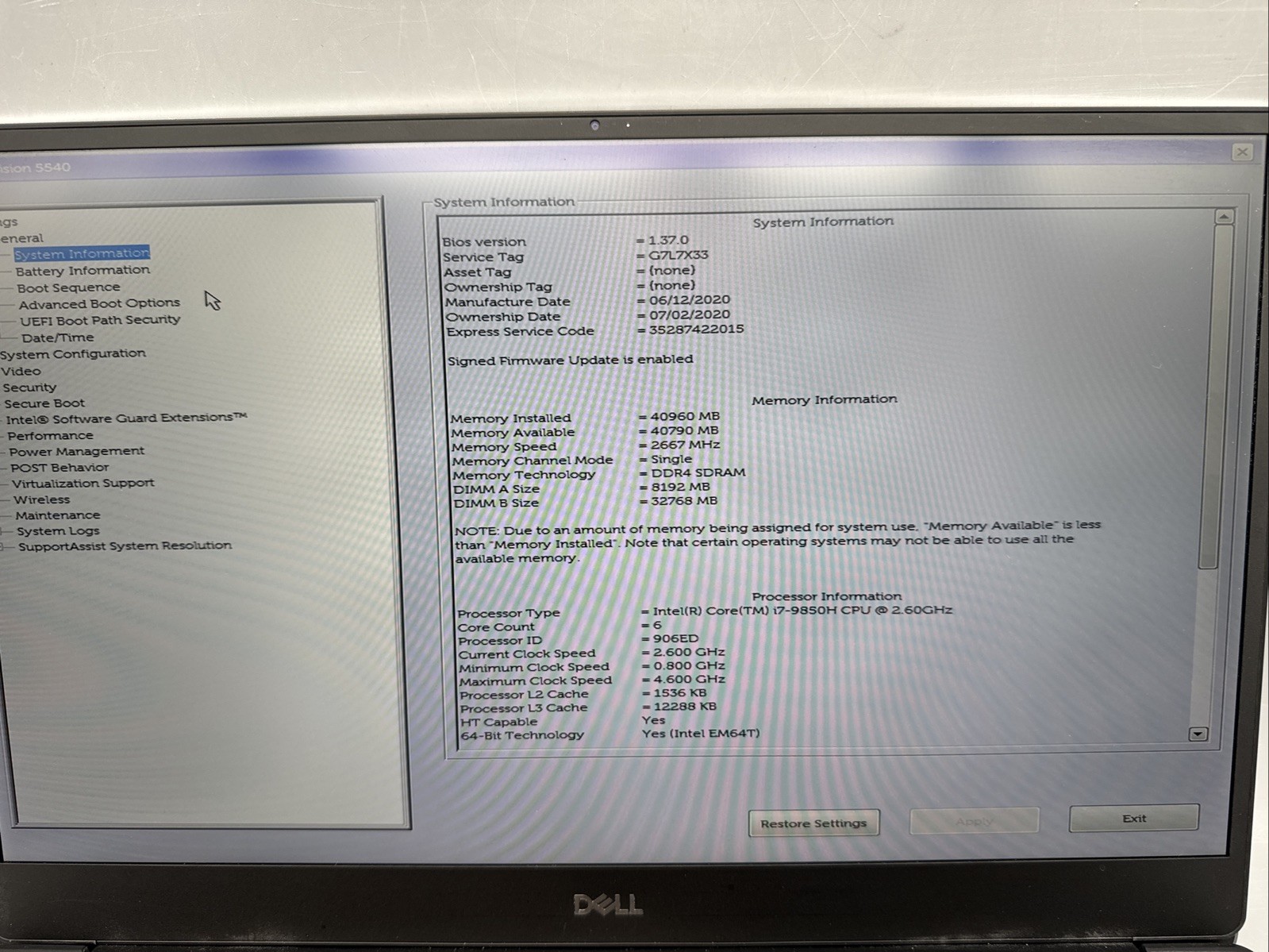 Dell Precision 5540 15.6″ i7-9850H 2.6GHz 40 GB RAM, NO HDD/Os