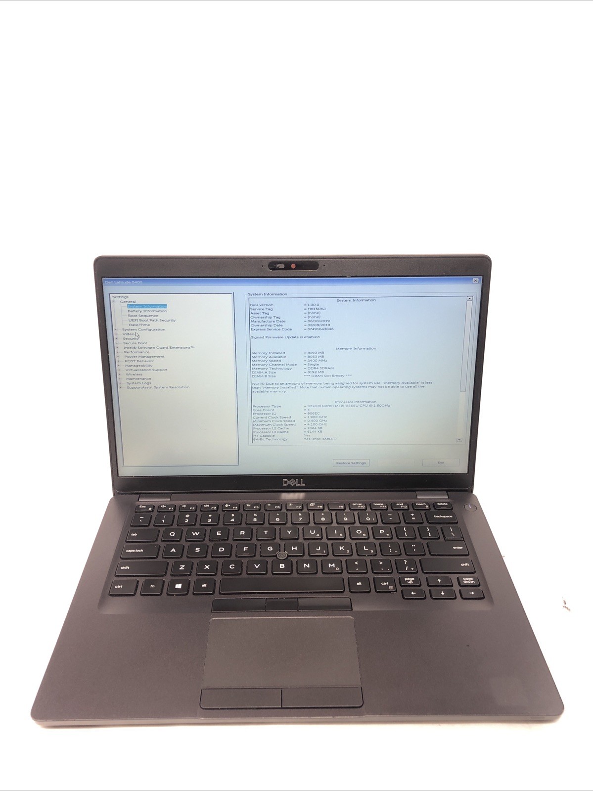 Dell Latitude 5400, Intel Core i5-8365U @1.60Ghz, 8GB RAM, NO SSD/OS, Tested!