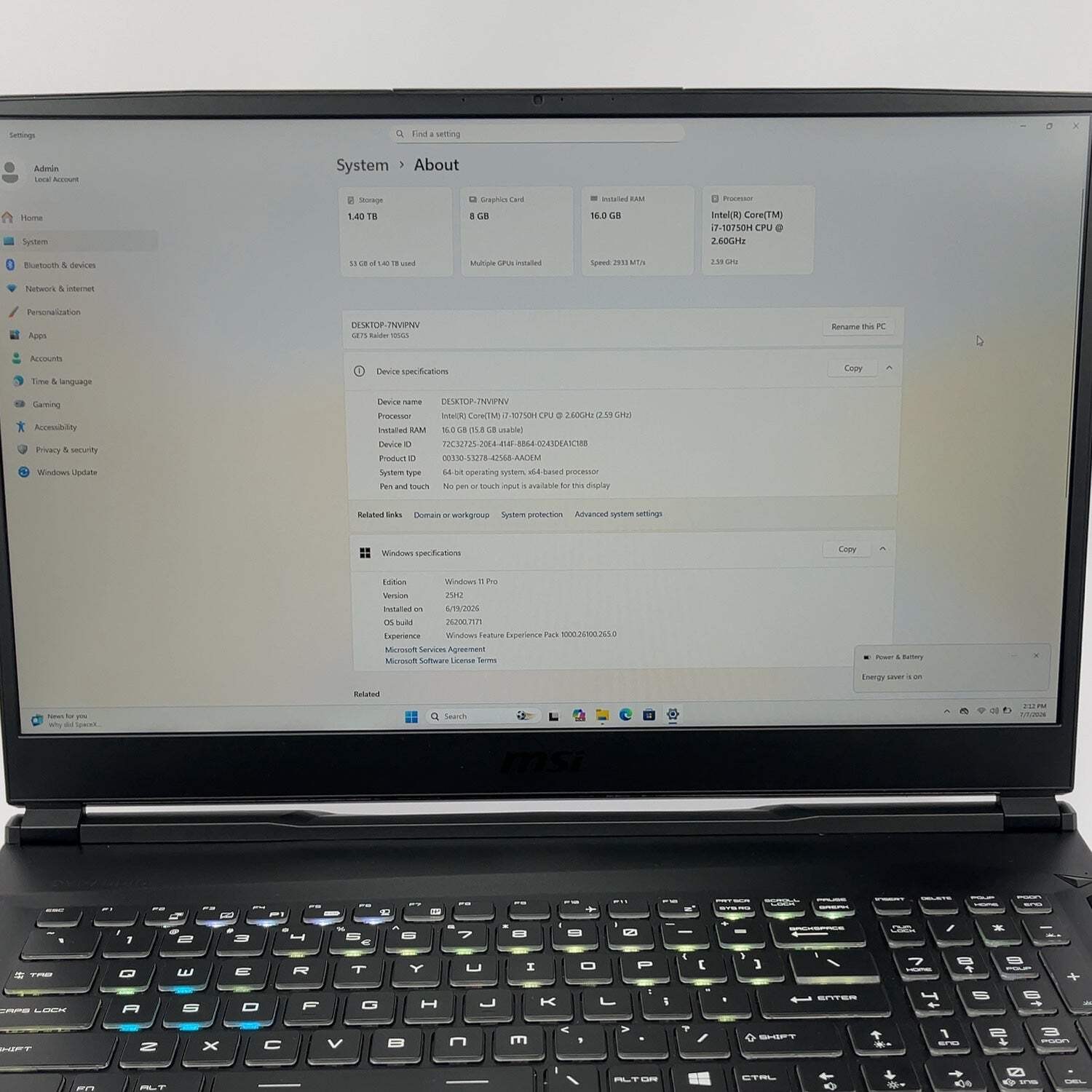 MSI Raider GE75 i7-10750H 16GB RAM 1TB SSD 512GB SSD GeForce RTX 2080 Super