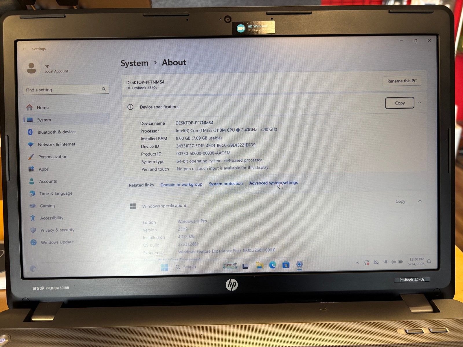 HP ProBook 4540s Laptop Intel i3 8GB RAM 128GB SSD