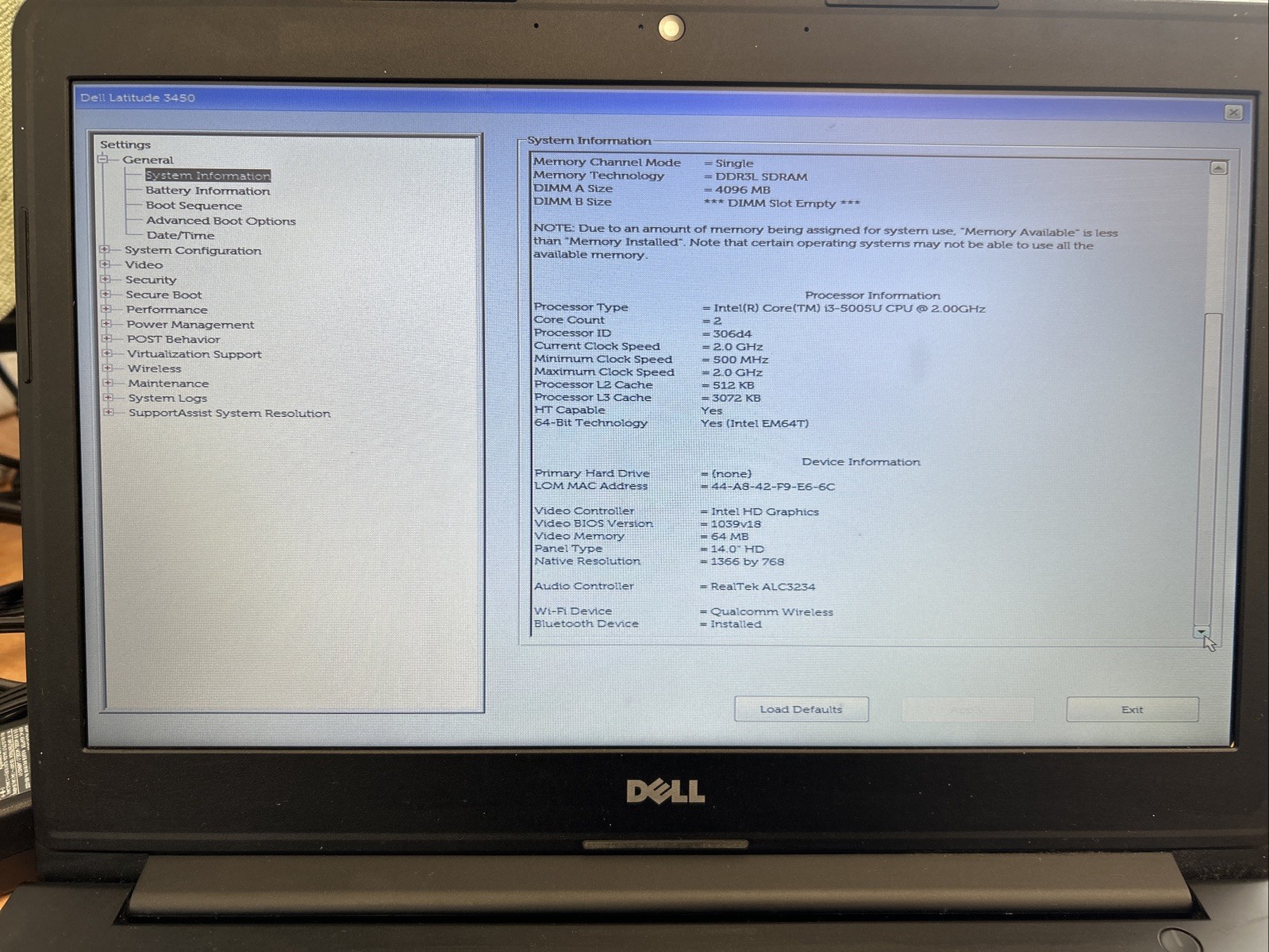 Dell Latitude 3450 14″ Laptop w/ i3-5005U 2.00GHz CPU 4GB DDR3L RAM No HDD