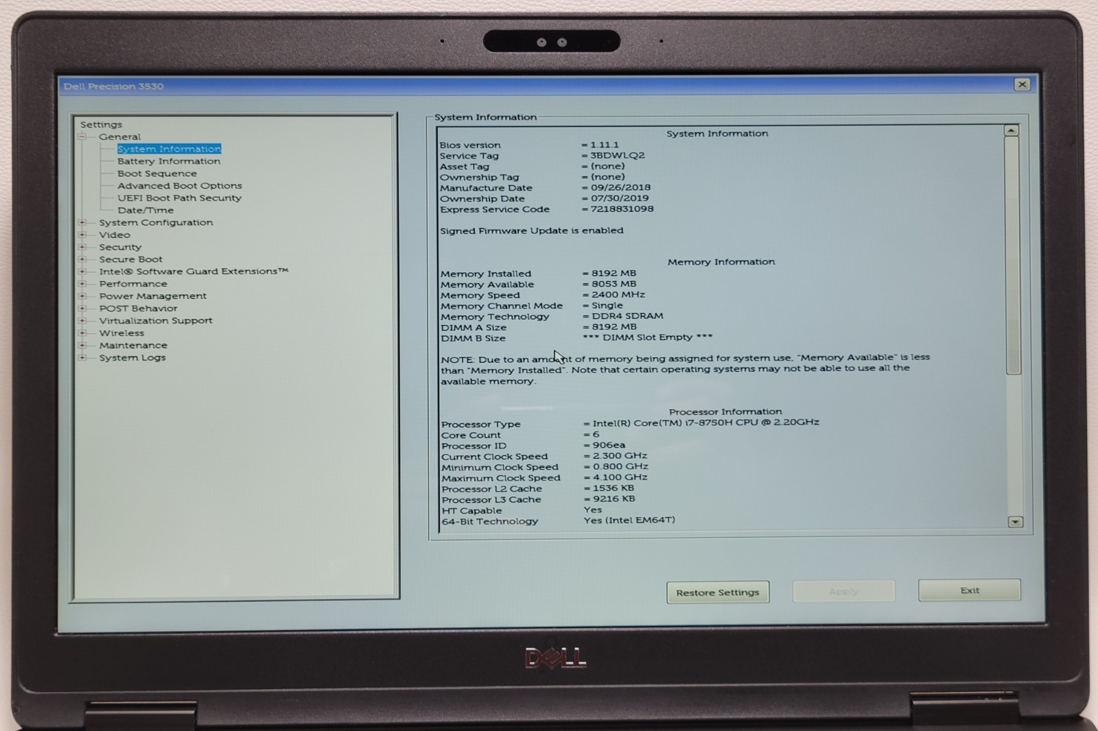 Dell Precision 3530 i7-8750H 8GB RAM 256GB SSD NO ADAPTER (UID TE12ACBF0E)