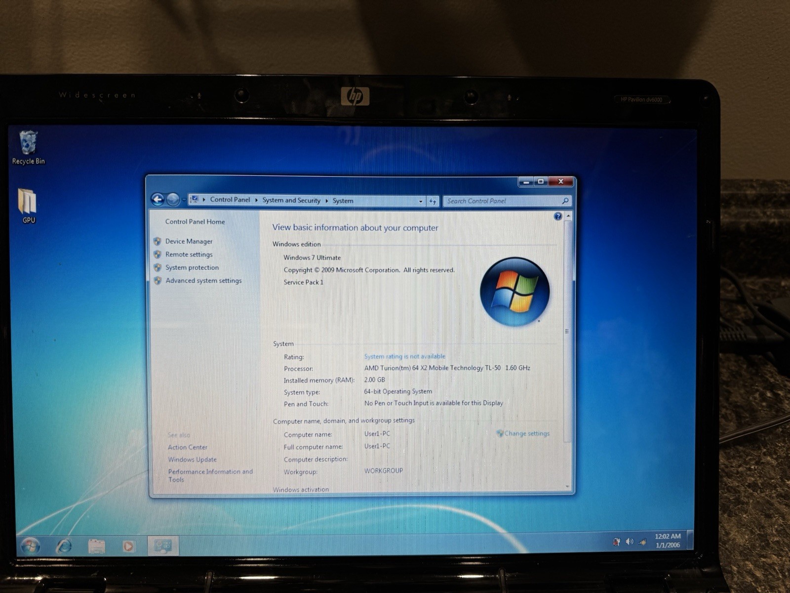 HP Pavilion DV6000 Laptop AMD Turion X2 TL-50 1.6GHz 2gb RAM 120gb HDD Windows 7