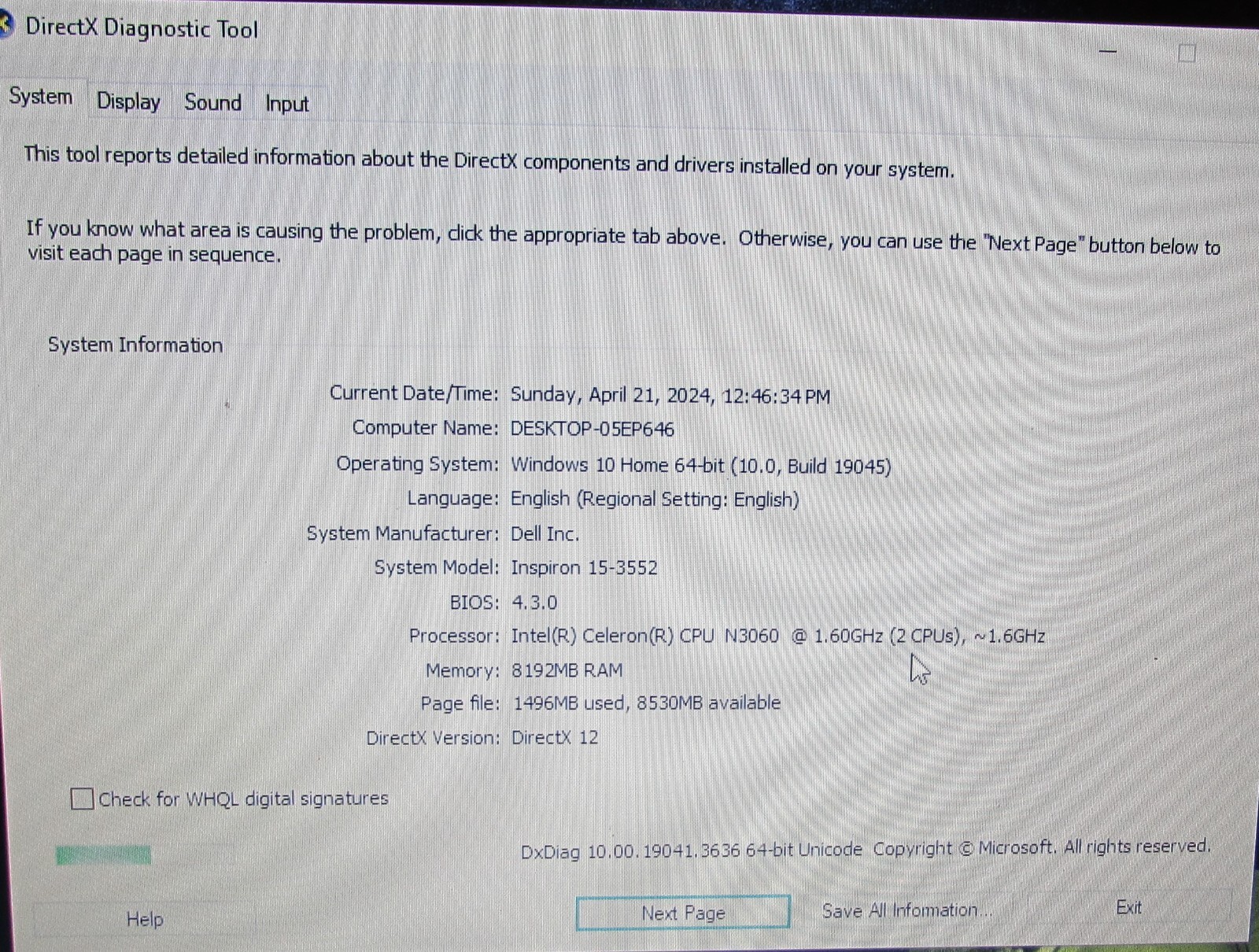 Dell Inspiron 15-3552 15.6″ Laptop 500GB HDD 8GB Ram Celeron cpu Windows 10 Home