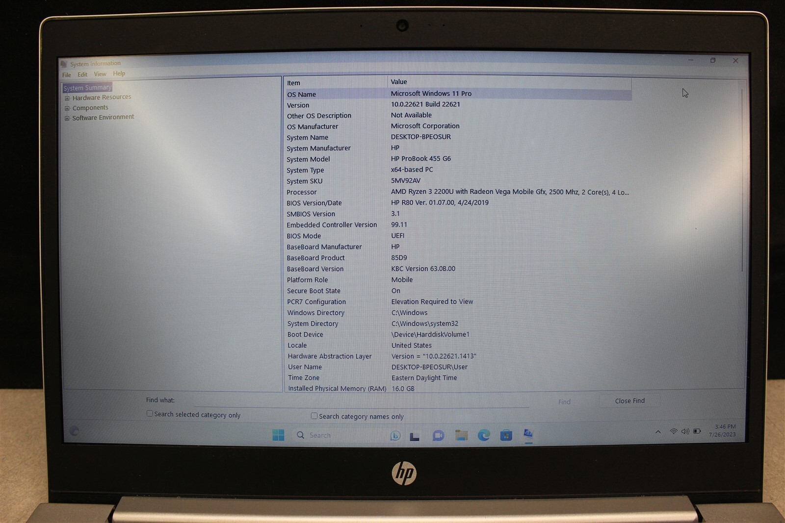 HP Probook 455 G6 AMD Ryzen 3 2200U W/Radeon Graphics 256SSD-16GB Win11Pro