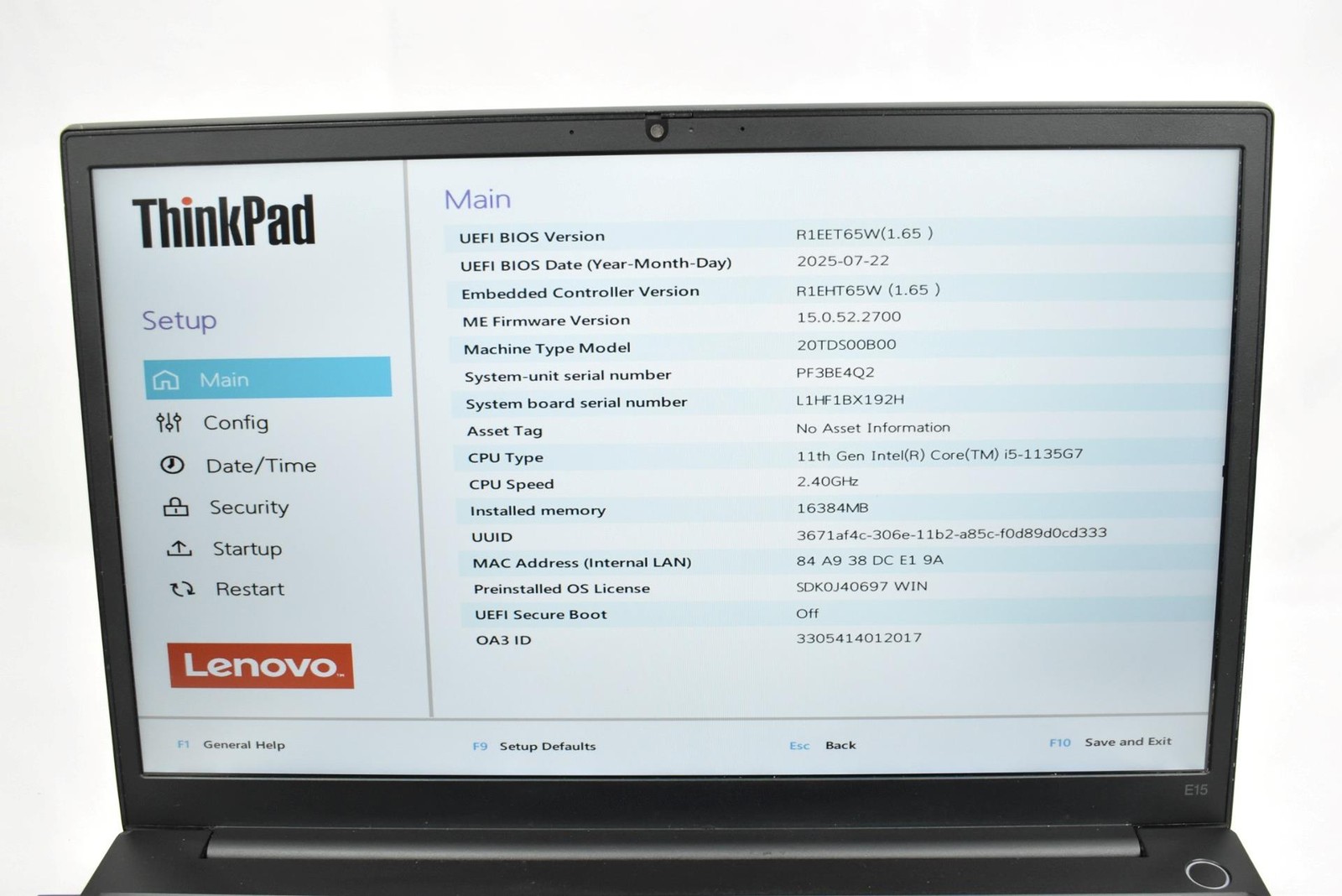 Lenovo Thinkpad E15 Gen 2 i5-1135G7 2.4GHz 16GB 256GB SSD 15.6″ No OS *See Issue