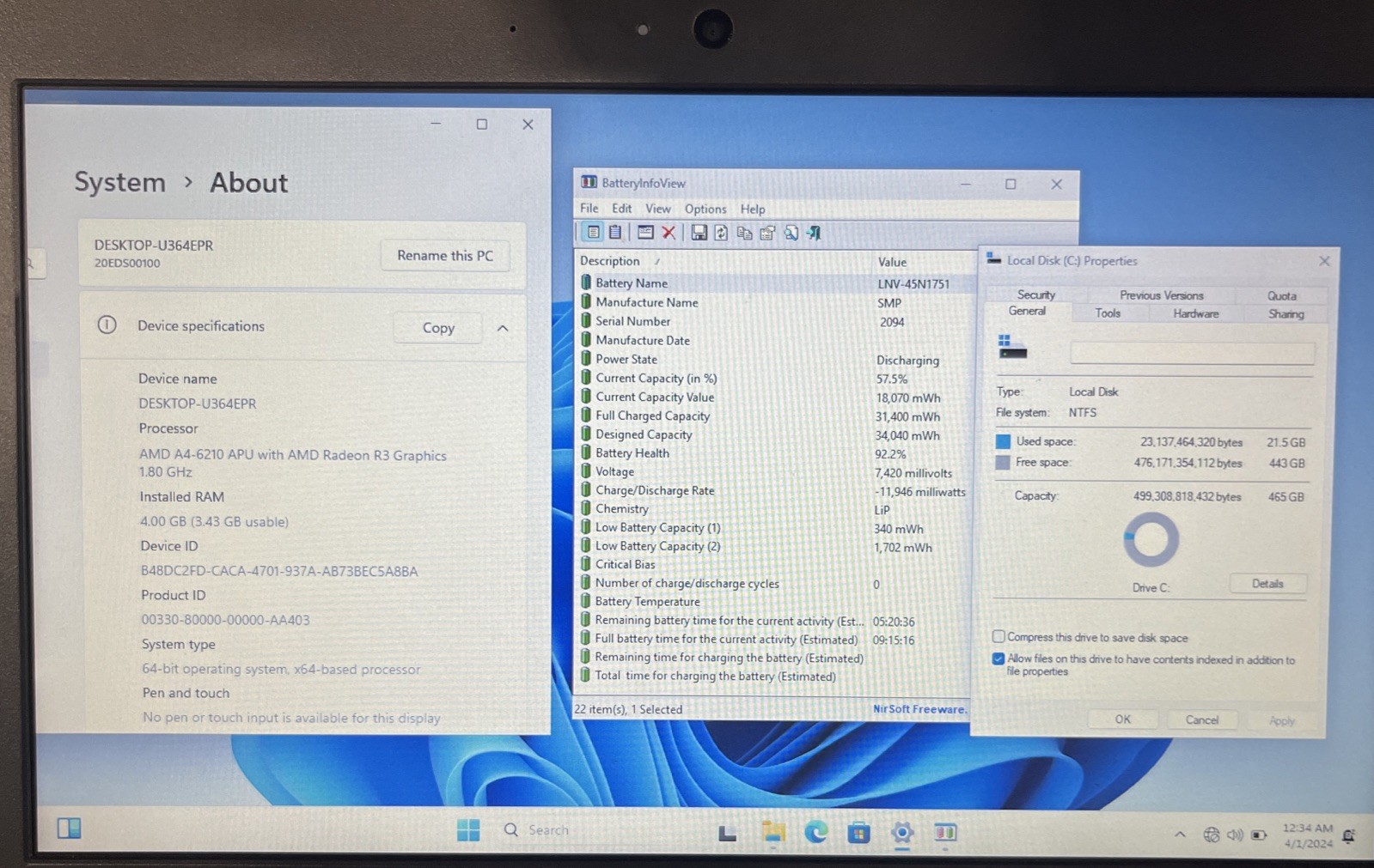 Lenovo ThinkPad 11e 20ED, AMD A4-6210 @1.80GHz, 4GB RAM, 500GB SSD, W11P