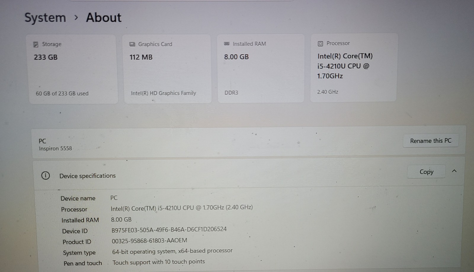 Dell Inspiron 5558 15.6″ i5-4210U@1.70 GHz 8GB RAM 256GB SSD Windows 11