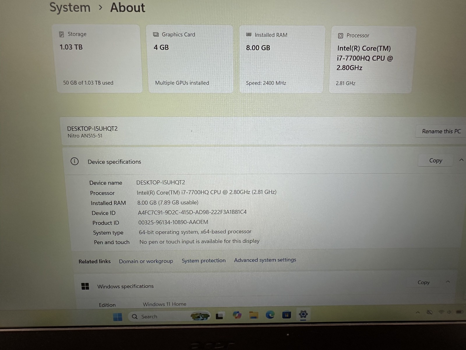 Acer Nitro 5 AN515-51-79DZ 15.6″ i5-7700HQ 8GB 1TB GTX 1050 Ti Win11 Home