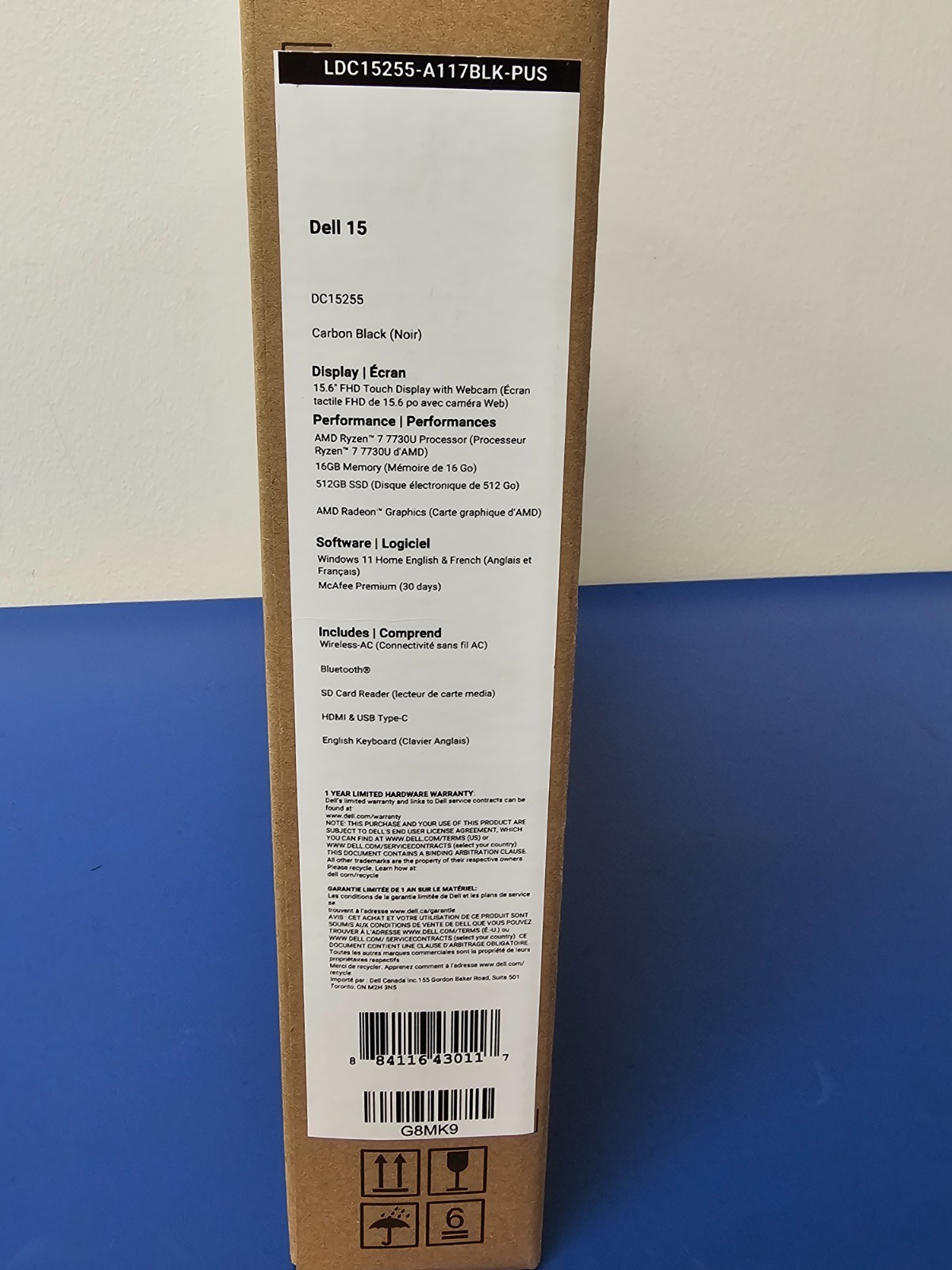 DELL 15 DC15255 G8MK9, AMD Ryzen 7 7730U, 2.00 GHz, 16 GB RAM 512 GB NVMe SSD
