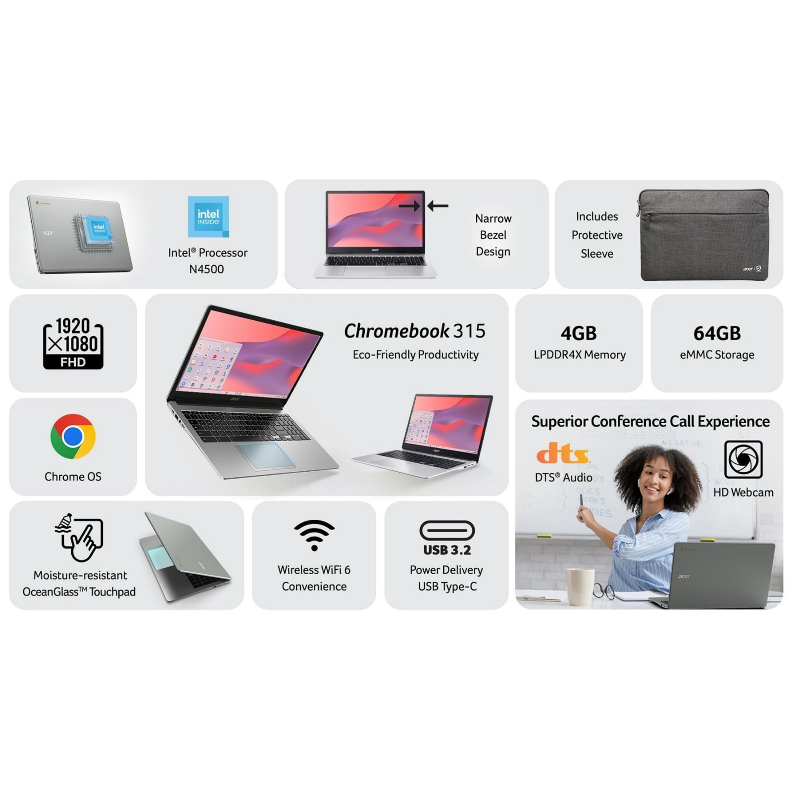 Acer Chromebook 315 15.6″ FHD Intel Celeron N4500 4GB RAM 64GB Refurbished