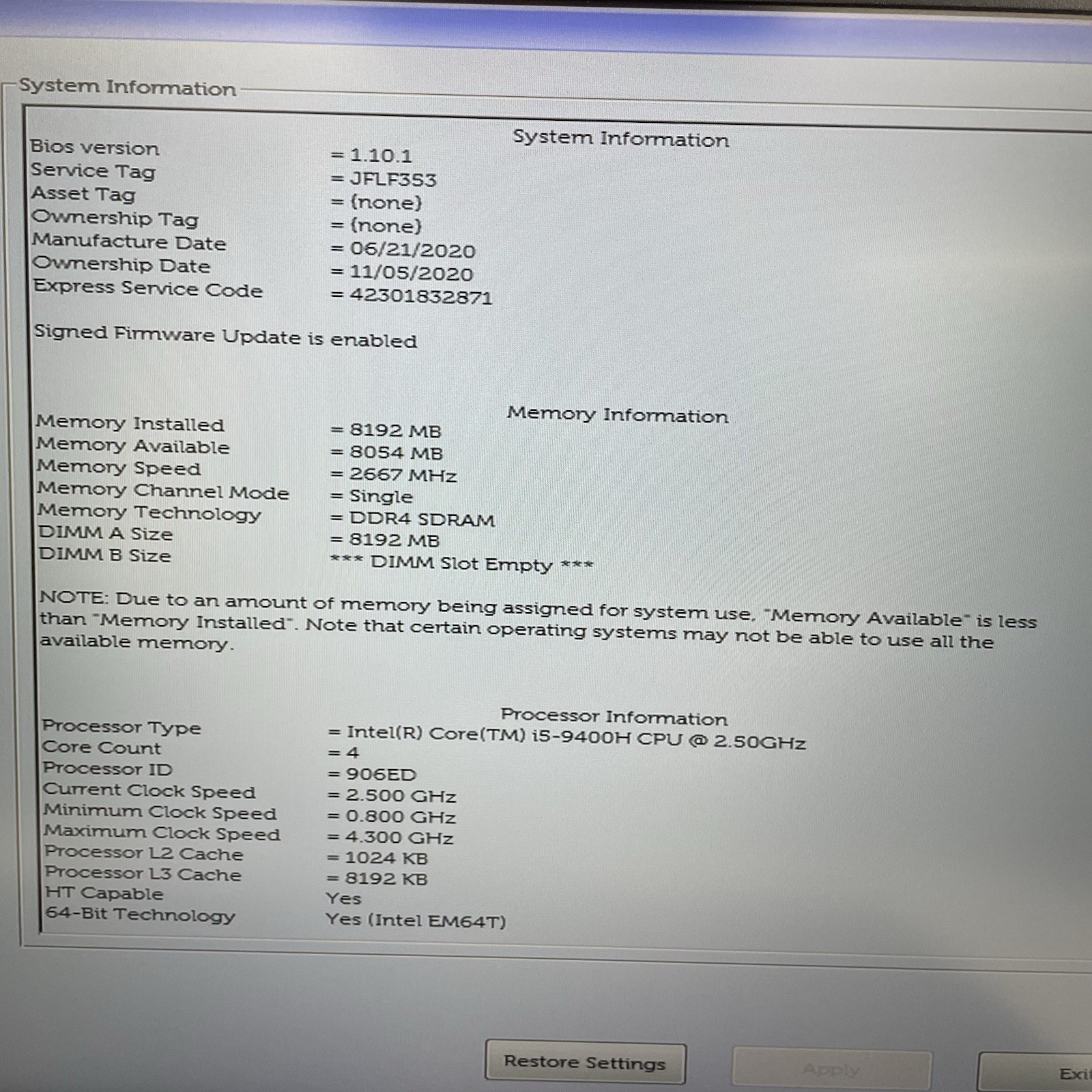 Dell Latitude 5501 15.6″ i5-9400H 2.50 GHz 8 GB RAM No SSD/OS/AC/Battery