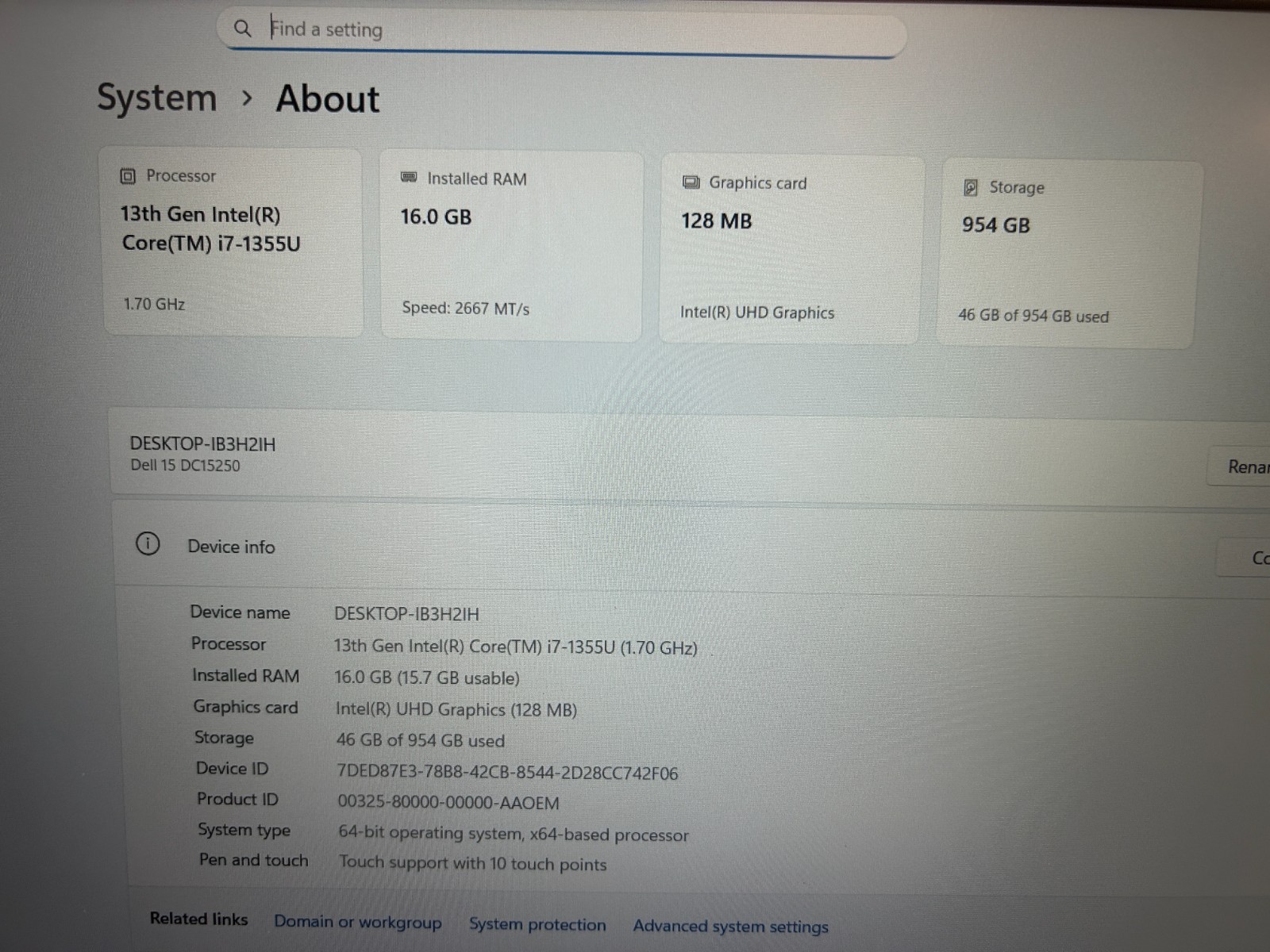 DELL 15 DC15250 H5YXJ, Intel Core i7-1355U, 1.70 GHz, 16 GB RAM, 1 TB M.2