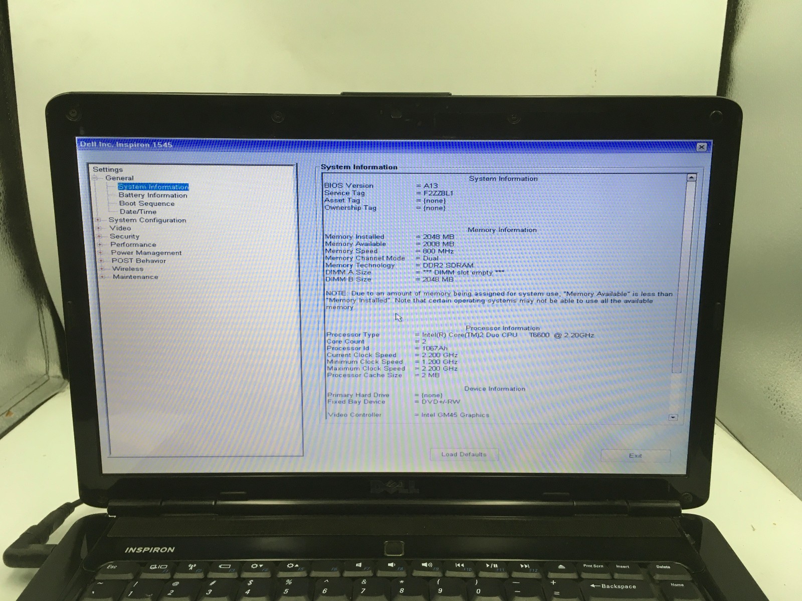 DELL INSPIRON 1545 – BOOTS TO BIOS – INTEL 2 DUO T6600 – 2GB RAM – READ DESC -BB