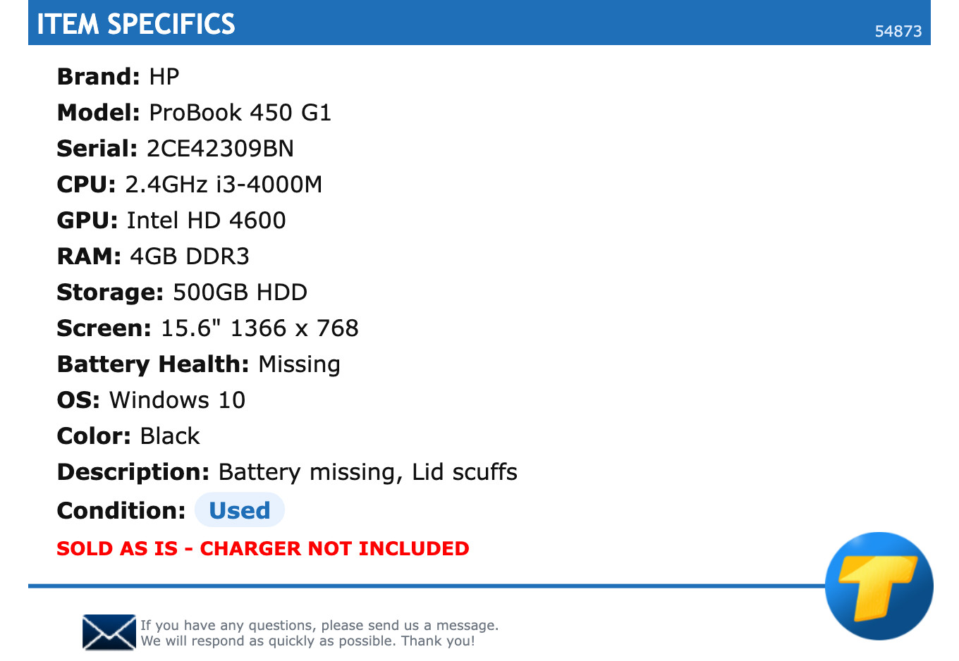 HP ProBook 450 G1 – 15.6″ HD, 2.4GHz i3, 4GB RAM, 500GB HDD, Windows 10