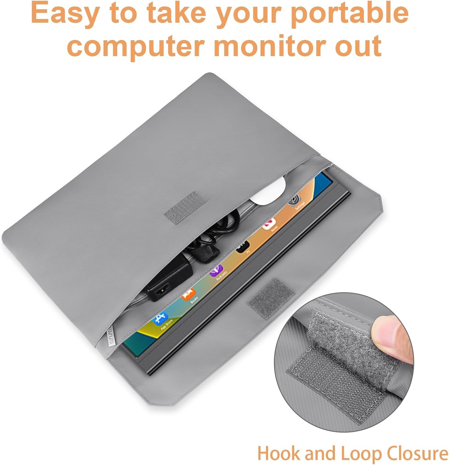 Gray PU Leather Sleeve Case for 15.6-16.1 inch Portable Monitor with Front Pocke