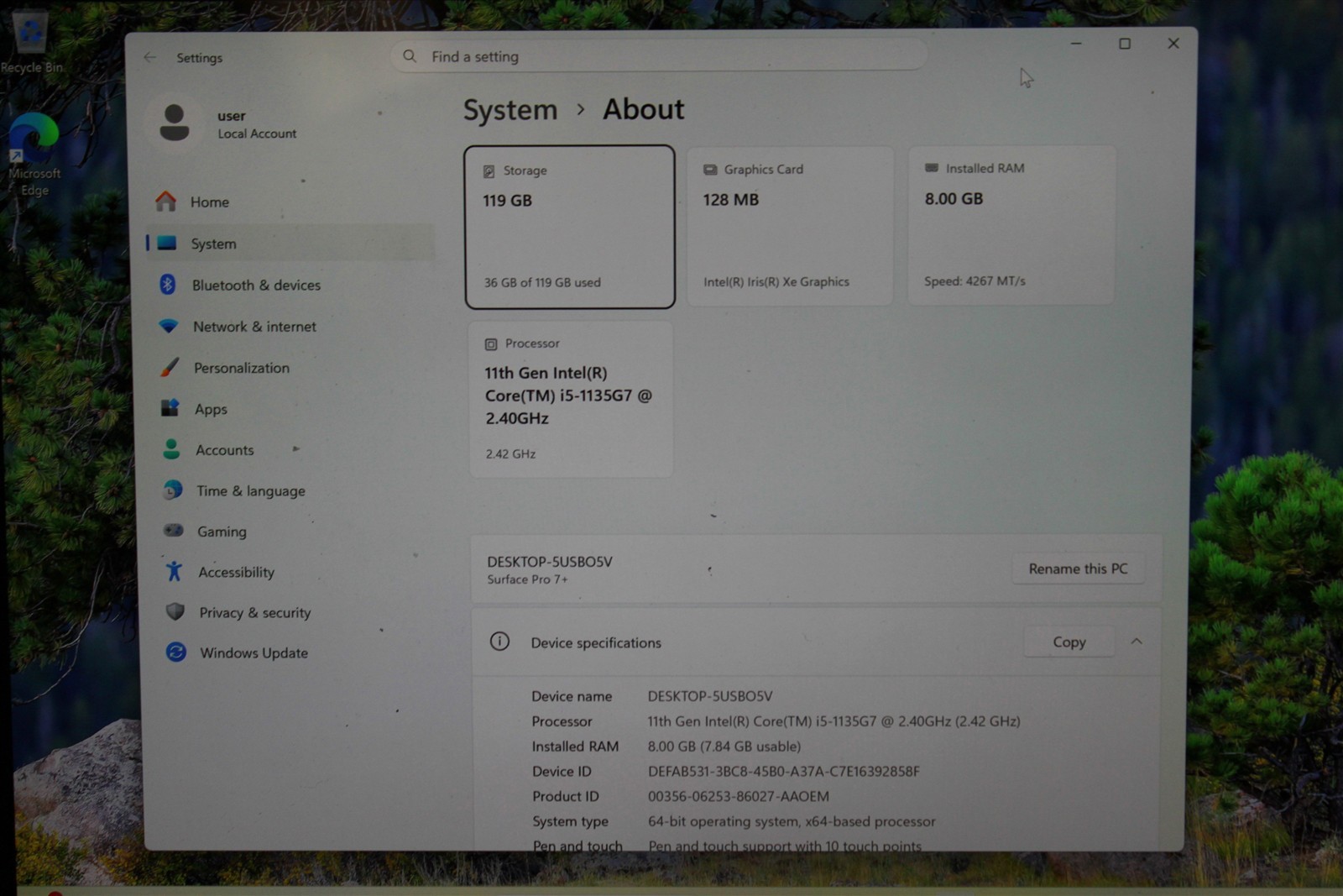 Microsoft Surface Pro 7+ Intel Core i5-1135G7 8GB DDR4 128 GB SSD Win 11 Home