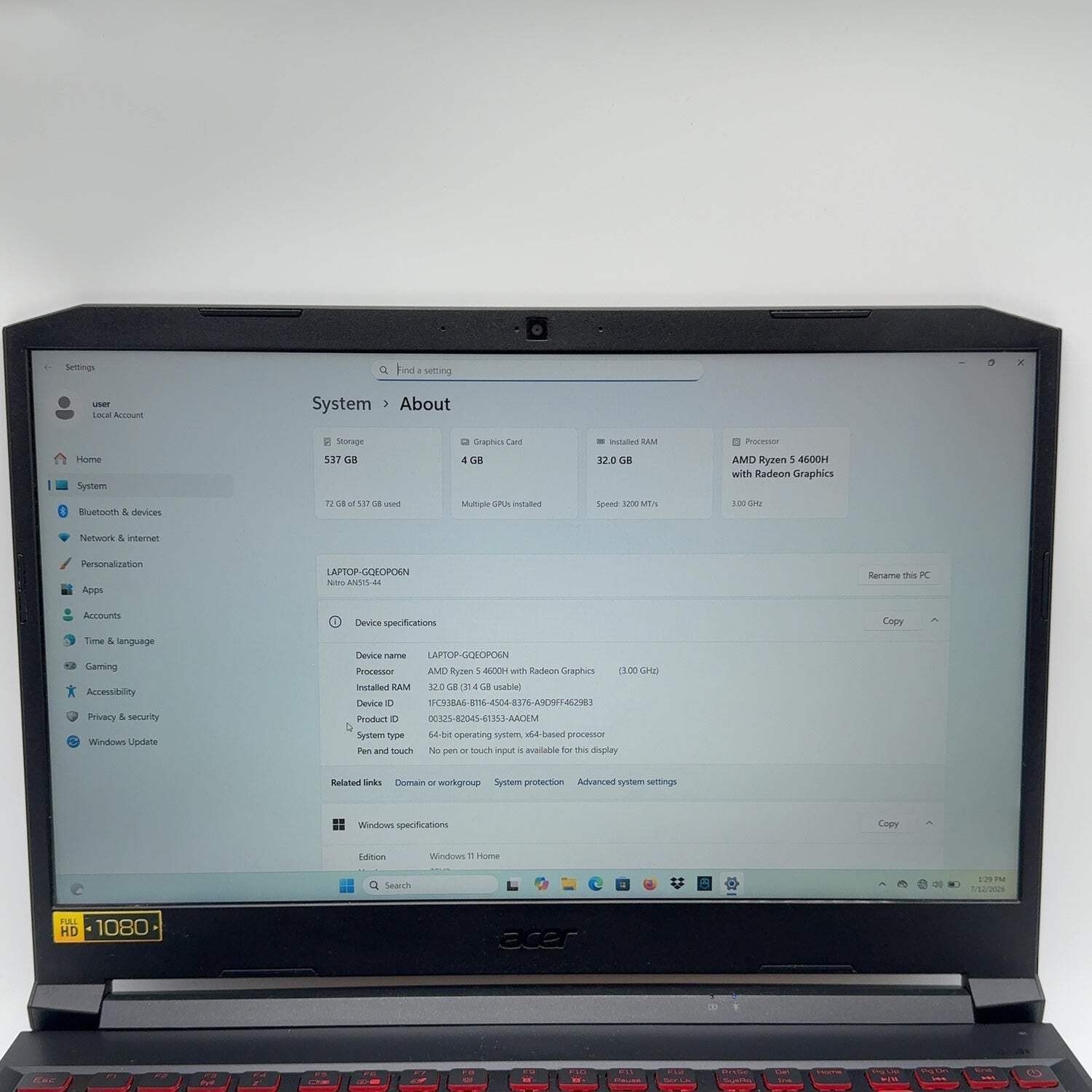 Acer Nitro 5 AN515-44 Ryzen 5 32GB RAM 256GB SSD 320GB HDD GeForce GTX 1650