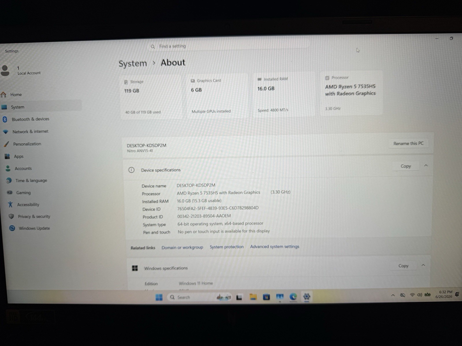 Acer Nitro V RTX 4050, Ryzen 5 3.3Ghz 16GB DDR5, 128gb Ssd RUNS GREAT! READ DESC