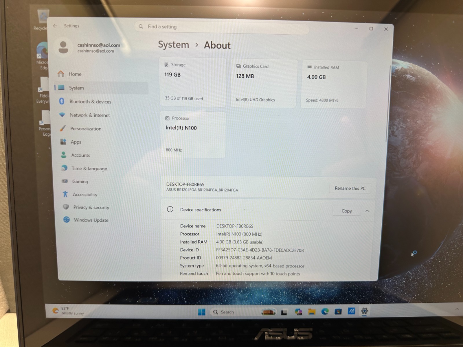 Asus Expertbook BR1204FG – 128GB, 4GB RAM, Intel(R) N100 Processor -Mineral Gray