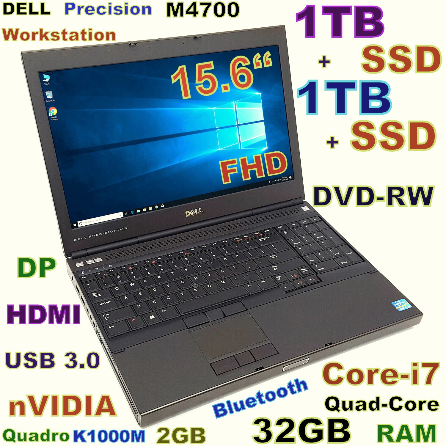 Workstation DELL M4700 i7-QUAD FAST 2 x 1TB SSD DVDRW 32GB 15.6″ FHD Nvidia 2GB
