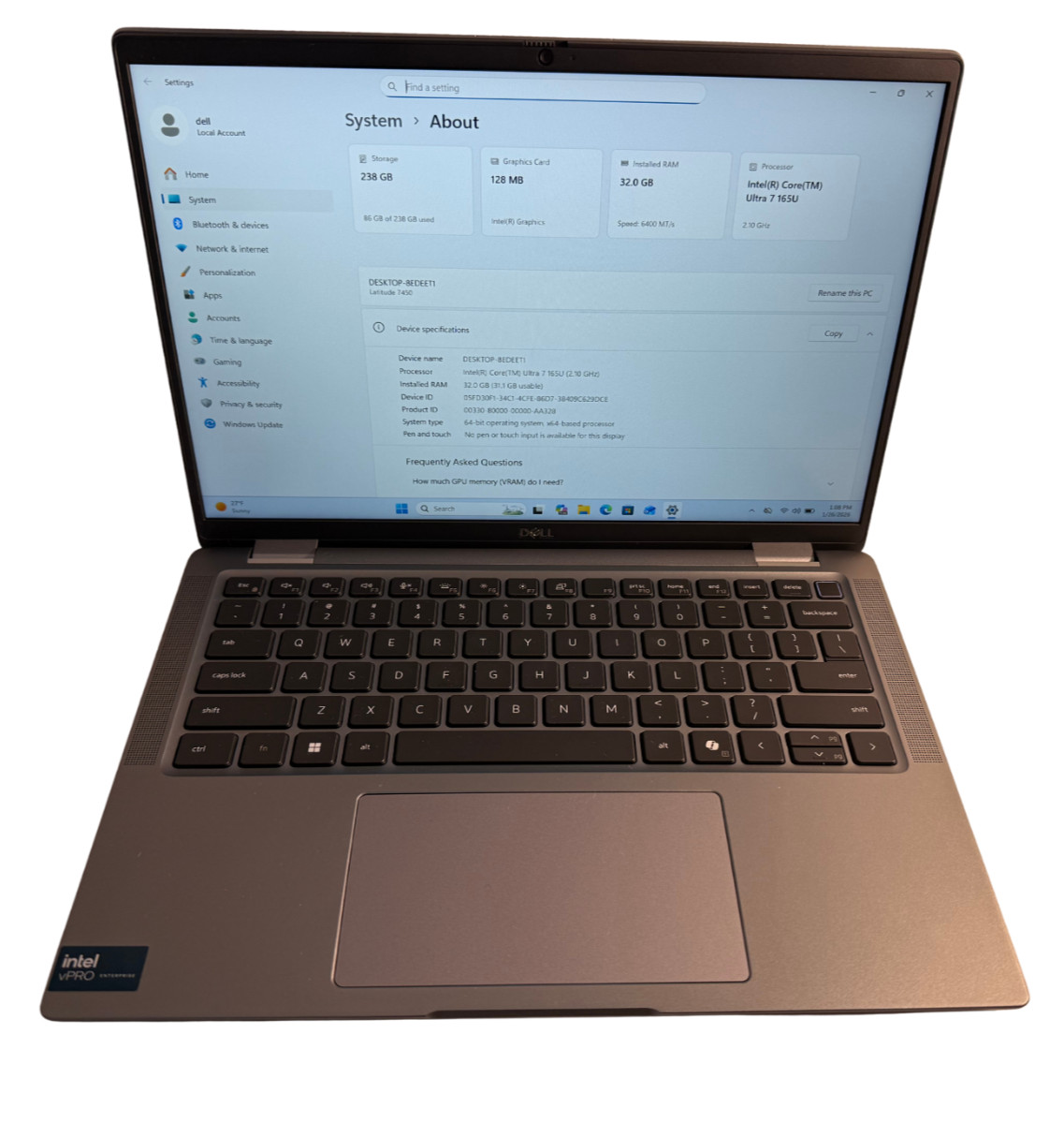 Dell Latitude 7450 14 FHD+ 2.1 GHz Ultra 7 165U 32GB RAM 256GB SSD Touch Screen