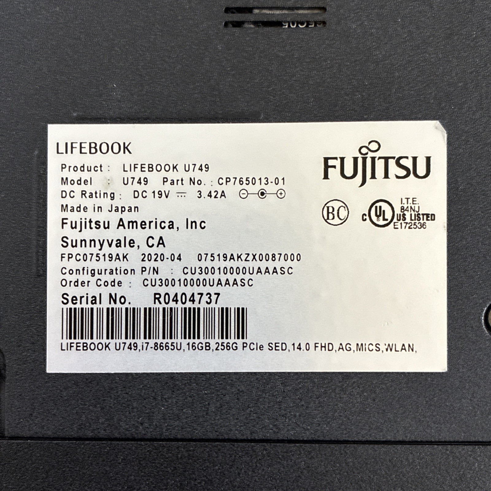 Fujitsu Lifebook U749 14″ i7-8665U 4.80GHz 16GB Ram – No SSD / Read Descrip