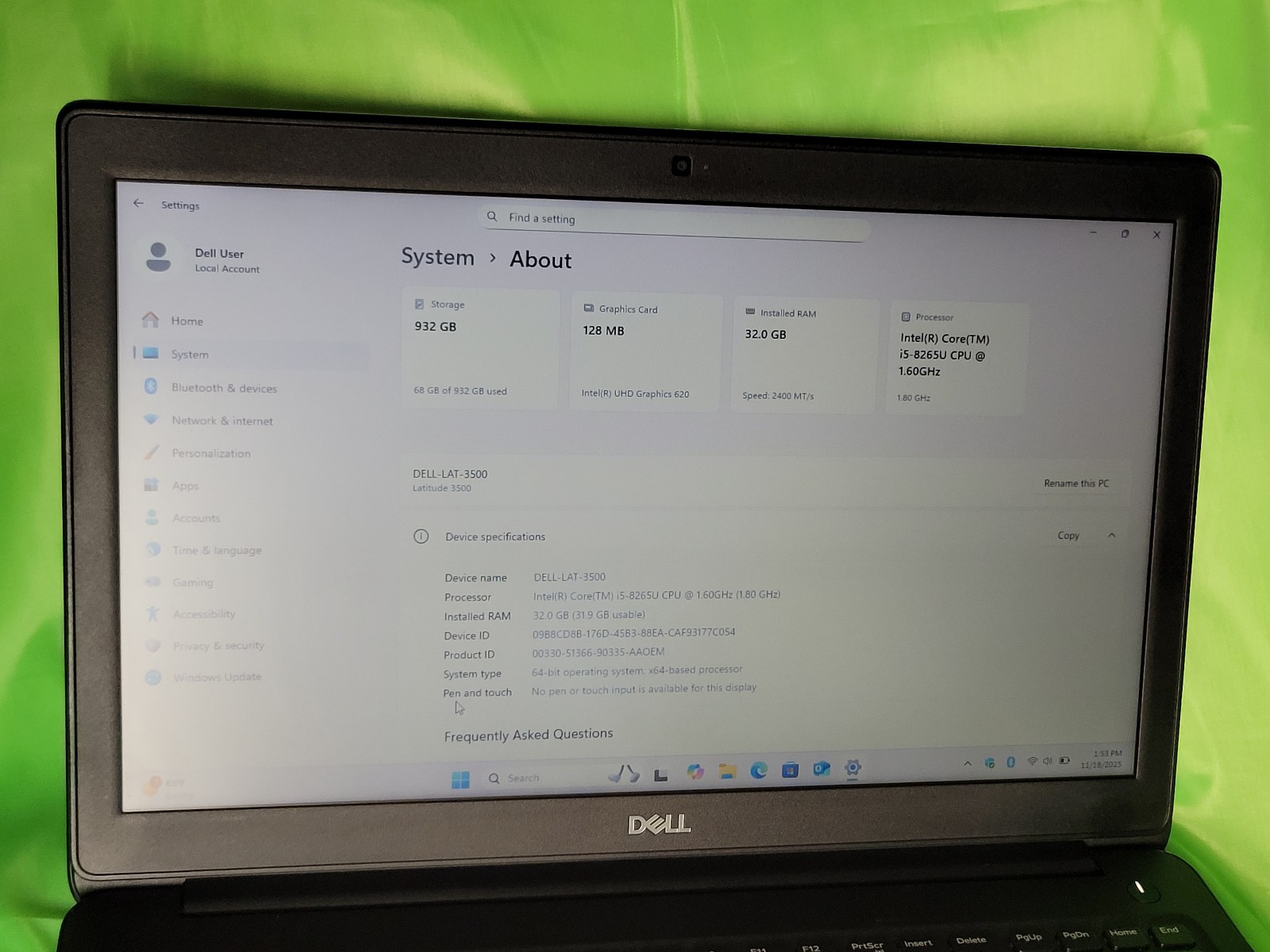 Dell Latitude 3500 32GB 1TB SSD Laptop W11 Pro Intel Core i5-8265u 1.6 GHz 15.5″