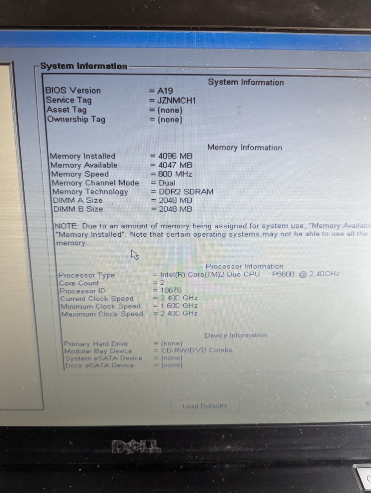 Dell Latitude E6500 Laptop Intel Core 2 Duo 2.40GHz 4GB RAM No HDD/OS **Turns On