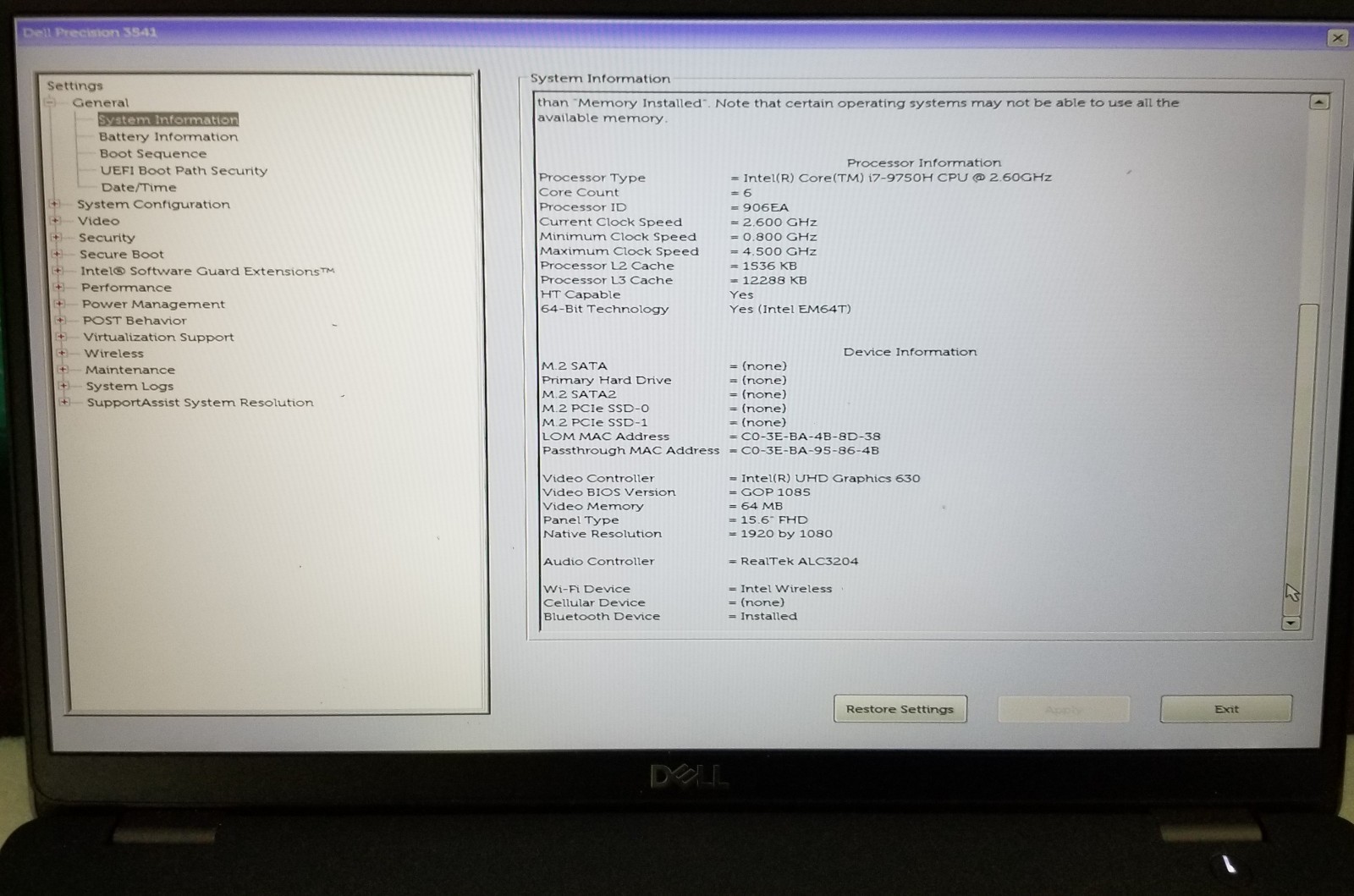 Dell Precision 3541 15″ Intel i7-9750H 16GB DDR4 Quadro P620 | No SSD | *READ*