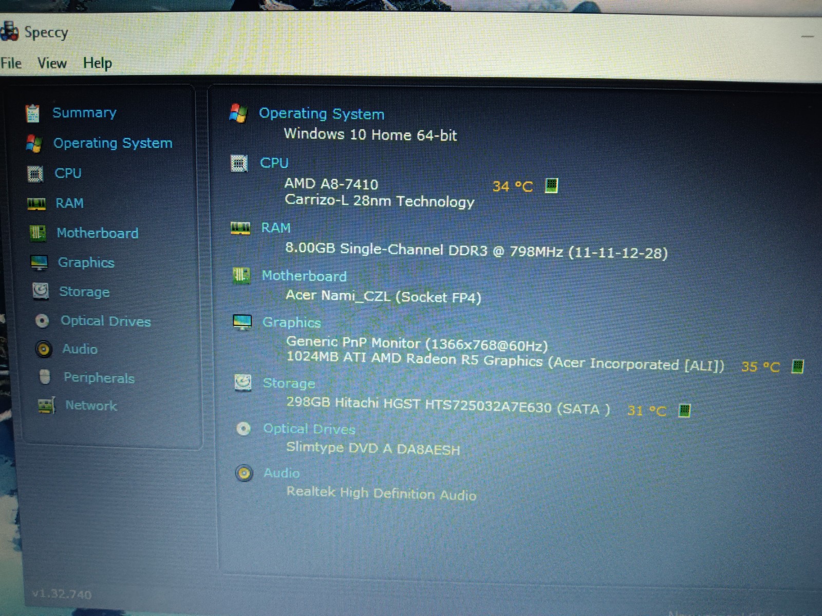 Acer E5-522-89W6/Amd A8-7410 2.20ghz/8gb/320gb/Windows 10 Home/Webcam/Hdmi/15.6