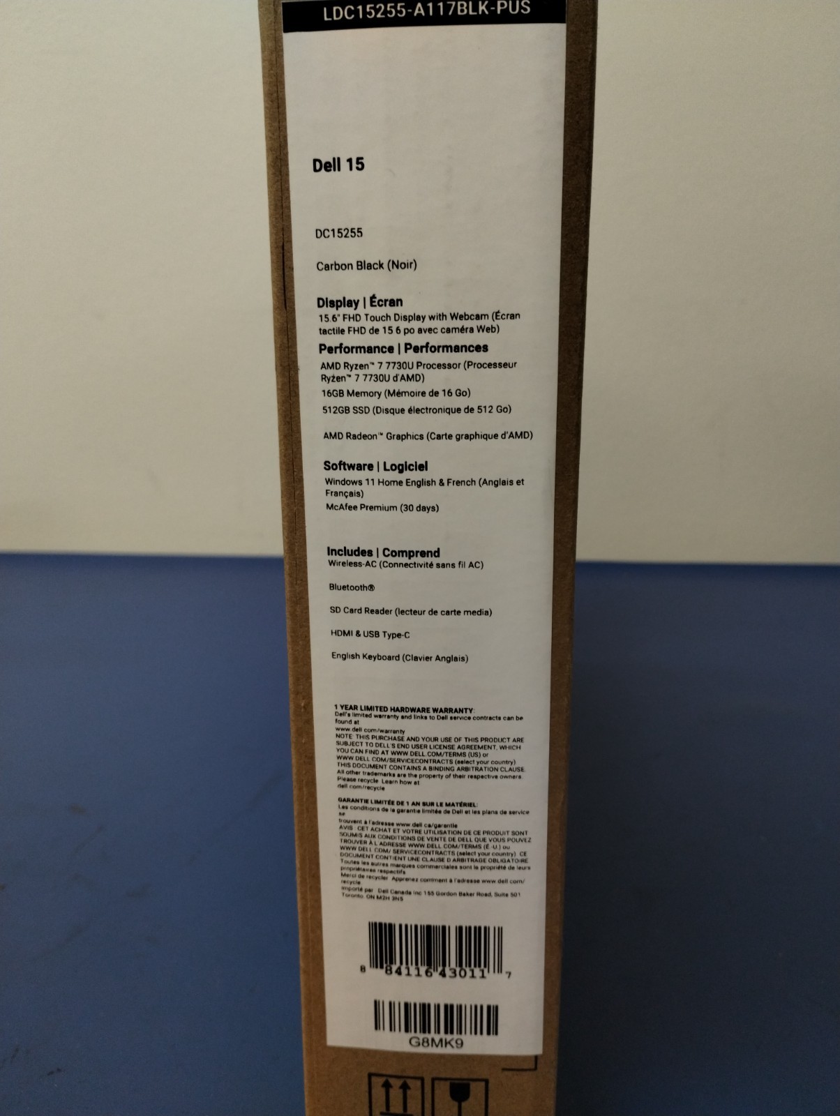 DELL 15 DC15255 G8MK9, AMD Ryzen 7 7730U, 16 GB RAM, 512 GB NVMe SSD