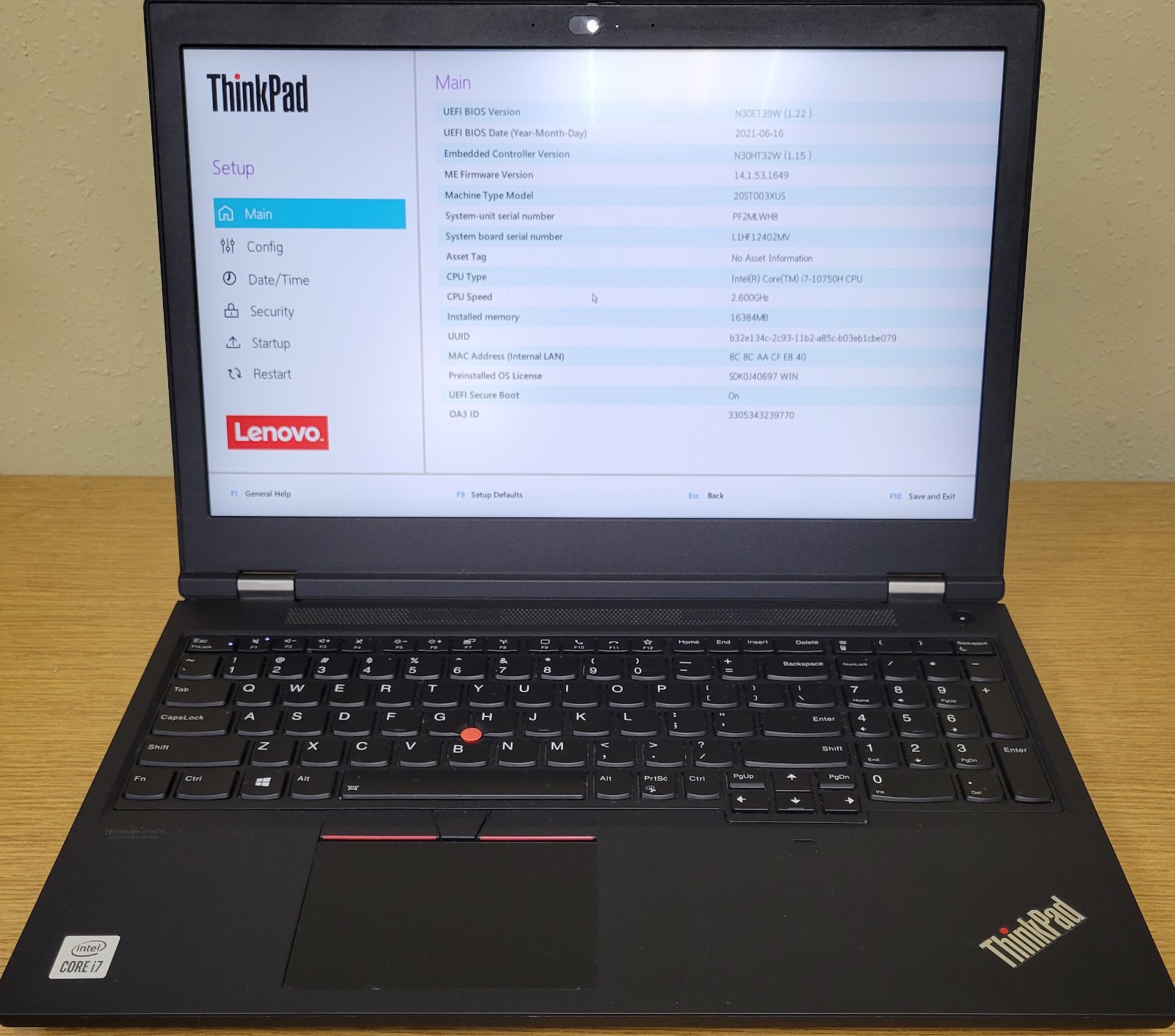 Lenovo ThinkPad P15 Gen1 i7-10750H 2.60GHz 16GB 256GB NVMe Quadro T1000 No OS