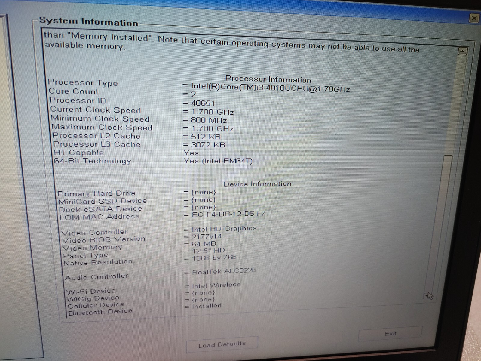 Dell Latitude E7240 Core i3-4010U@1.70GHz,4GB RAM, NO HD FOR PARTS/ Repair