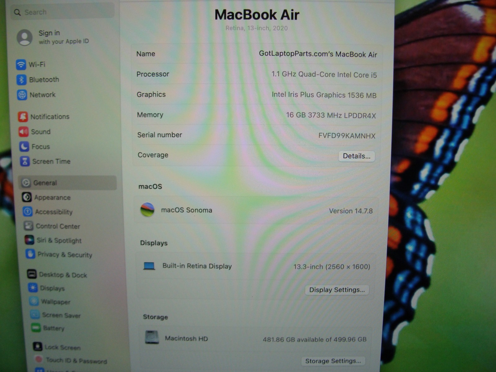 Apple MacBook Air 13″ A2179 2020 i5-1030NG7 1.1GHz 16GB 512GB OS Sonoma MVH2LL/A