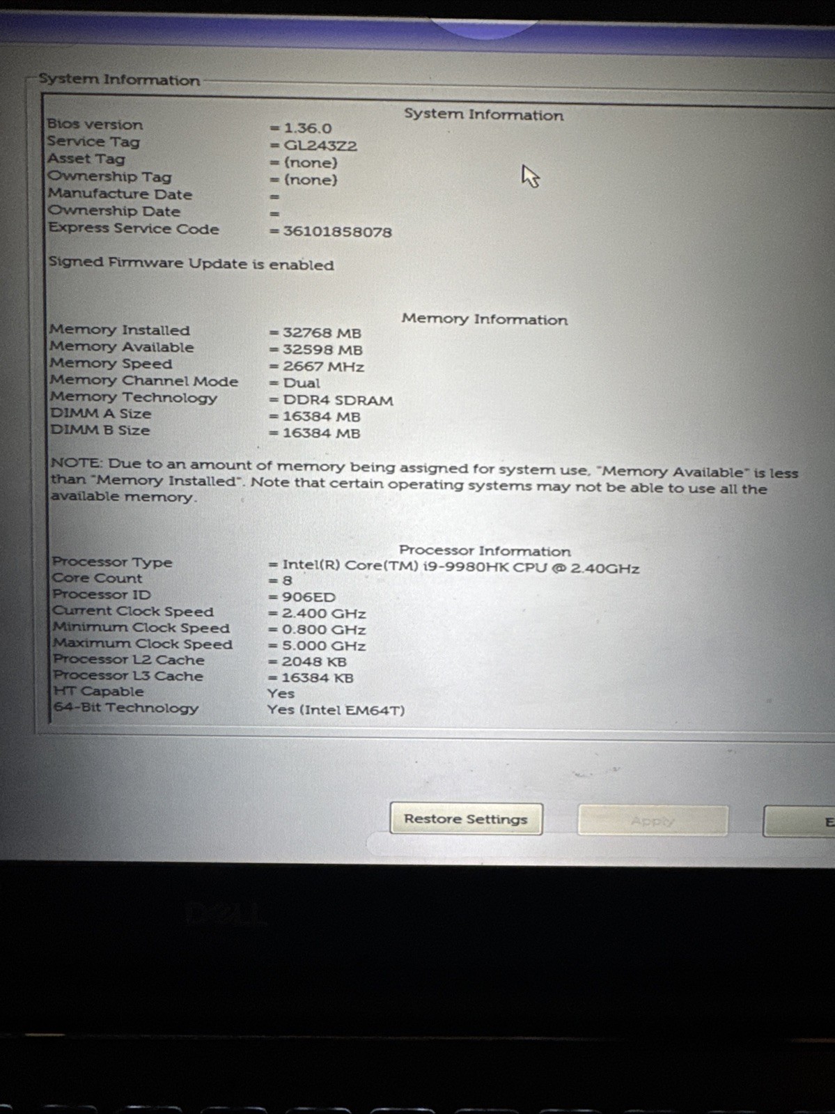 Dell Precision 5540 i9-9980HK 32GB RAM 500GB SSD 15.6” FHD READ!