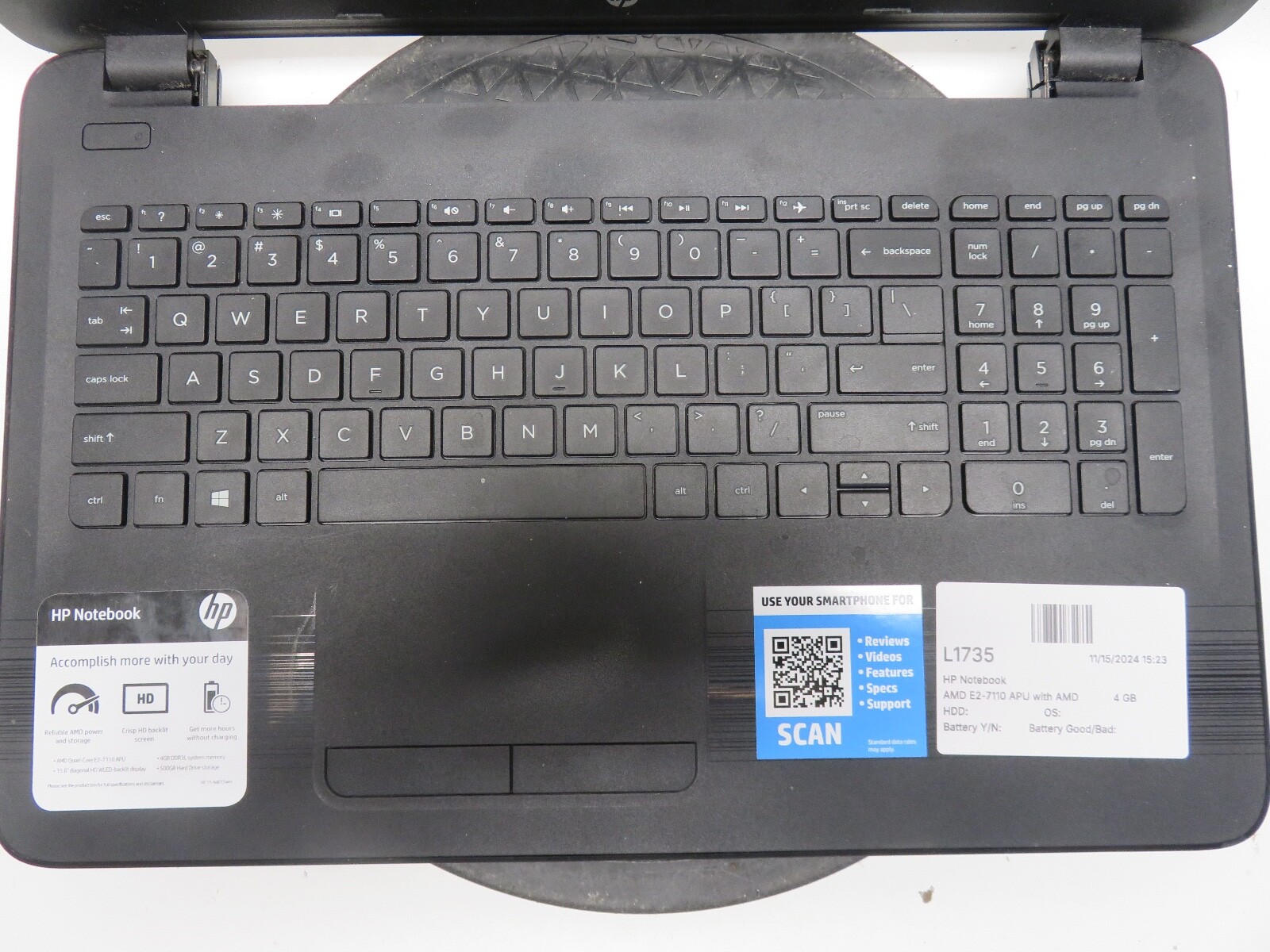 HP 15-ba015wm Laptop AMD E2-7110 4 GB NO HDD No Batt