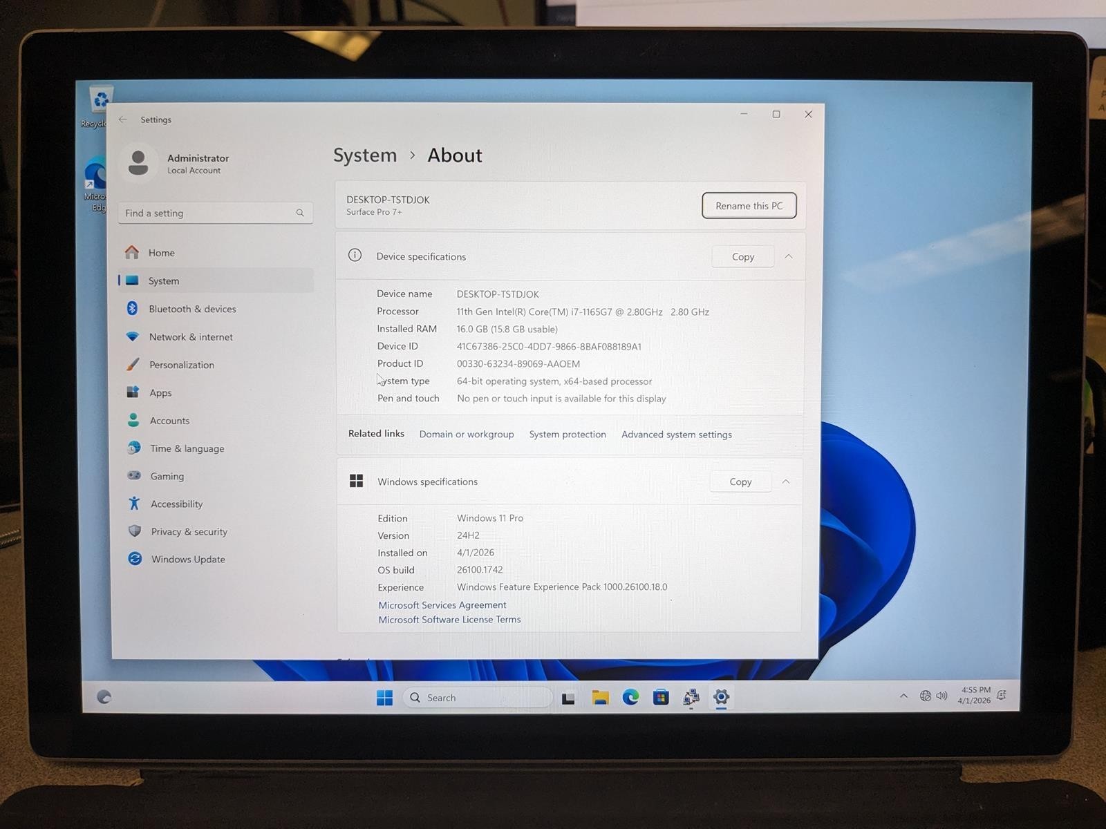 MICROSOFT SURFACE PRO 7+ (1960) i7-1165G7 @ 2.80GHz, 16GB RAM, NO HDD/OS