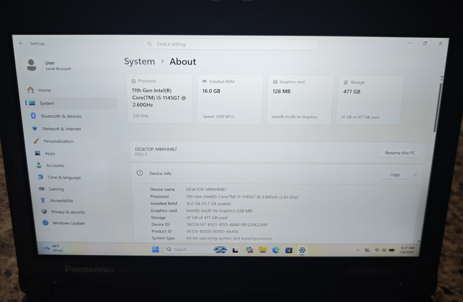 Panasonic Toughbook FZ55 i5-1145G7 16GB RAM 512GB SSD. Zero Hours