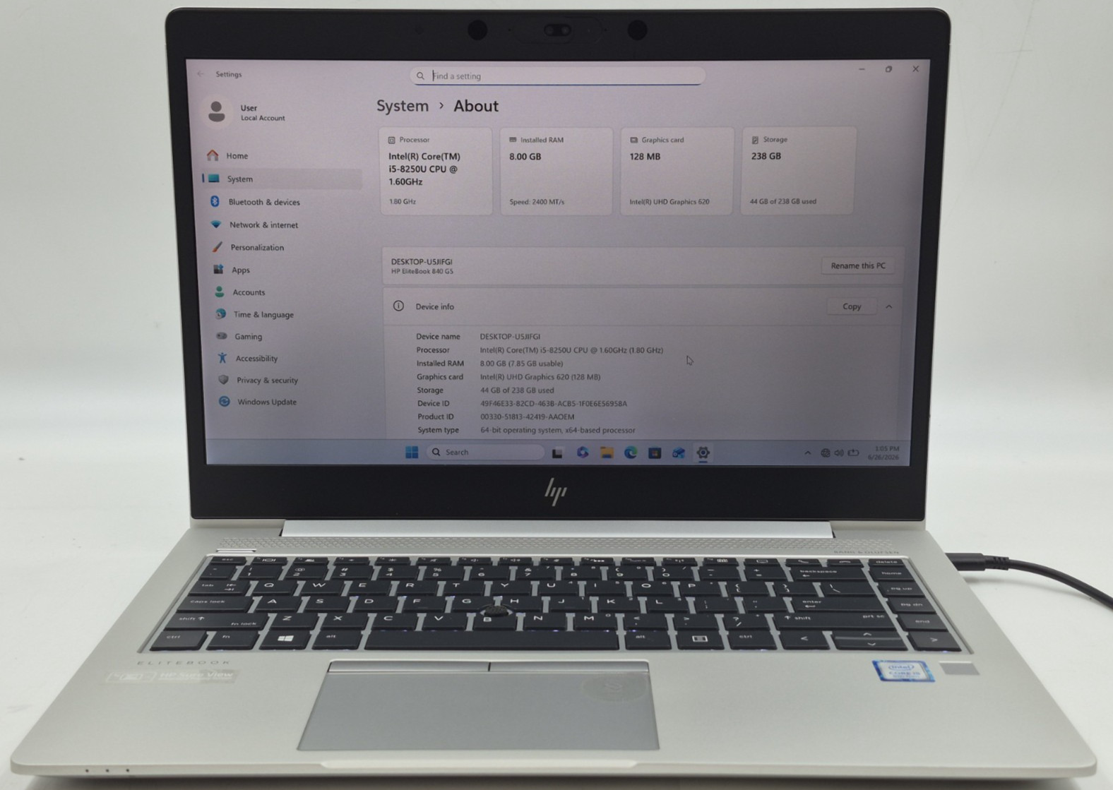 HP EliteBook 840 G5 i5-8250U 1.60GHz 8GB RAM 256GB SSD Win11 Pro NO BATTERY
