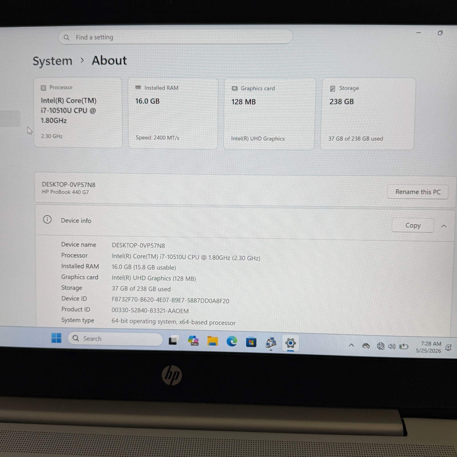HP ProBook 440 G7 14″ Laptop i7-10510U 16GB RAM 256GB SSD Win 11 Pro DENTS Fair