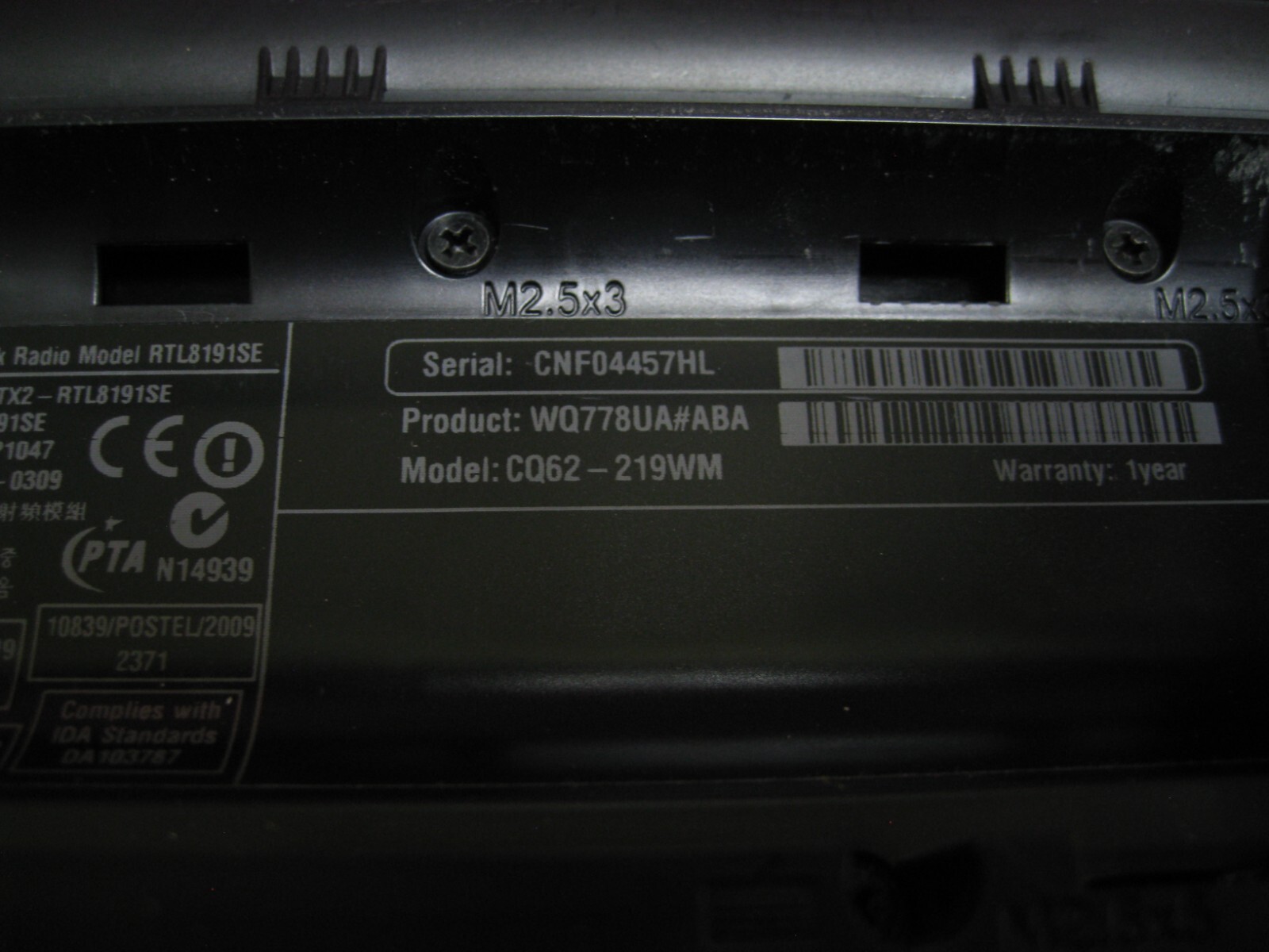 HP Compaq Presario CQ62 Laptop Celeron 900 @2.2GHz 2GB RAM – NO HD – NO OS